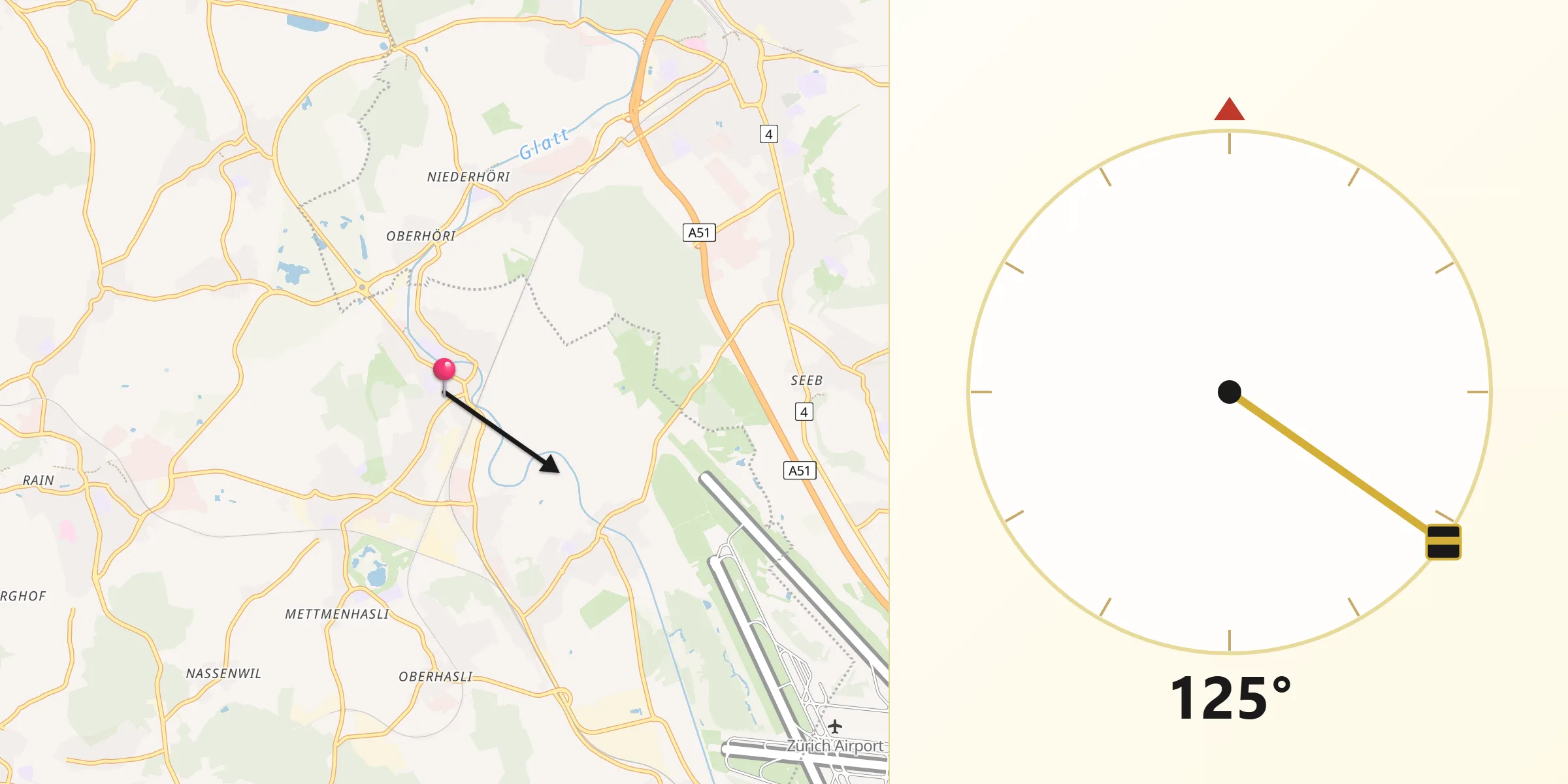 Qibla-Richtung von Niederglatt / Niederglatt (Dorfkern)