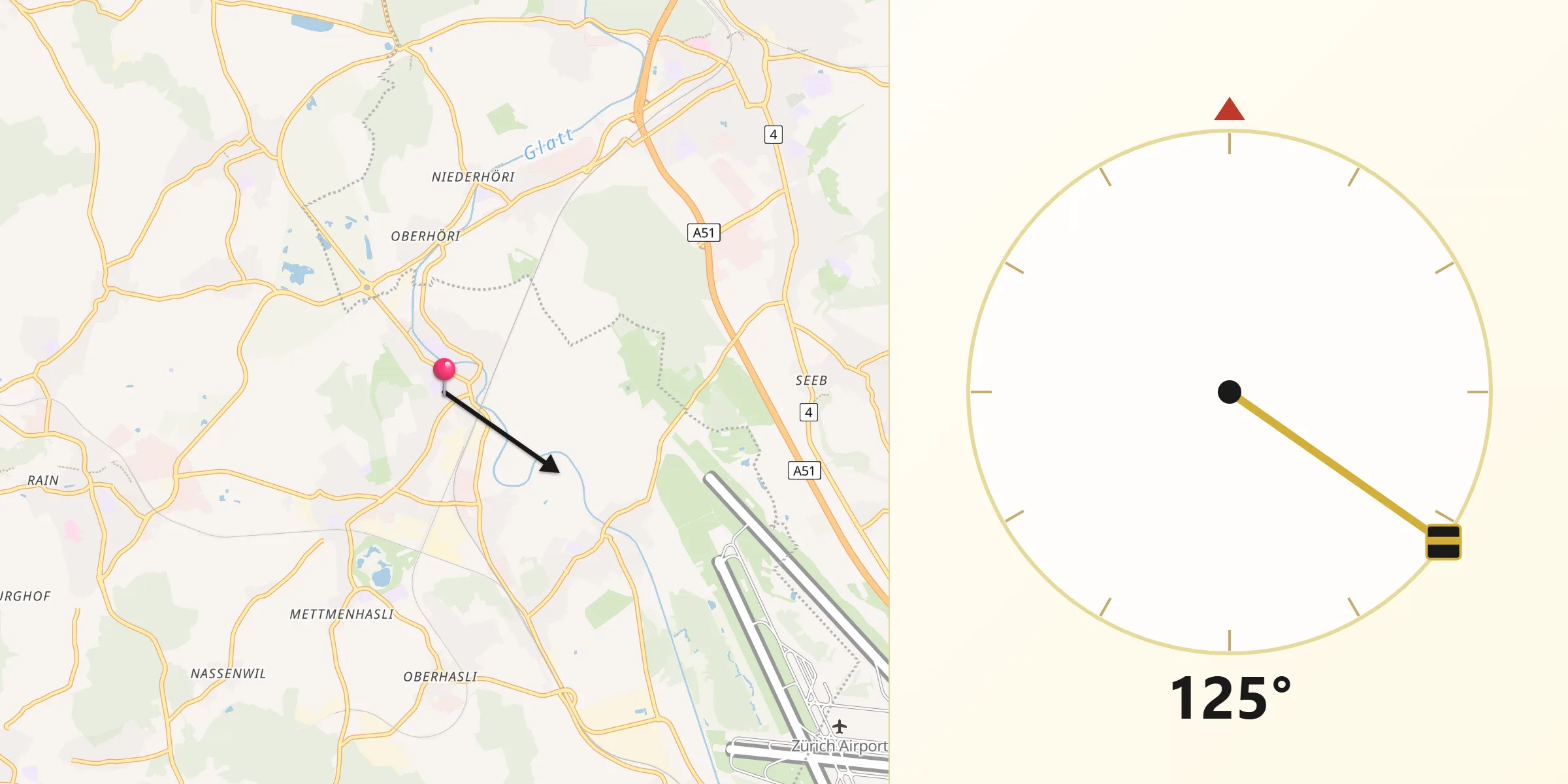 Direction vers la Qibla depuis Niederglatt