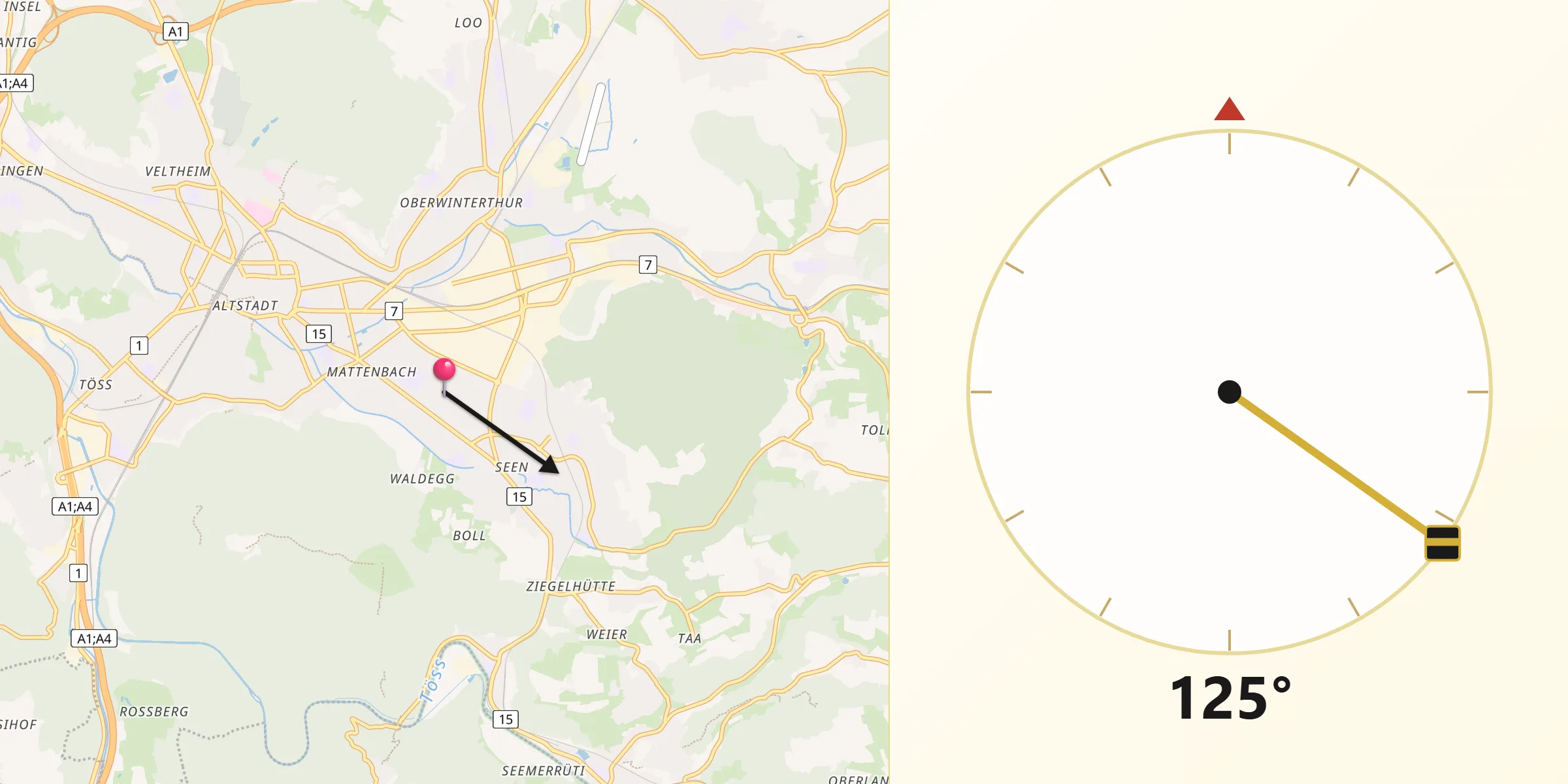 Qibla-Richtung von Mattenbach (Kreis 7) / Gutschick