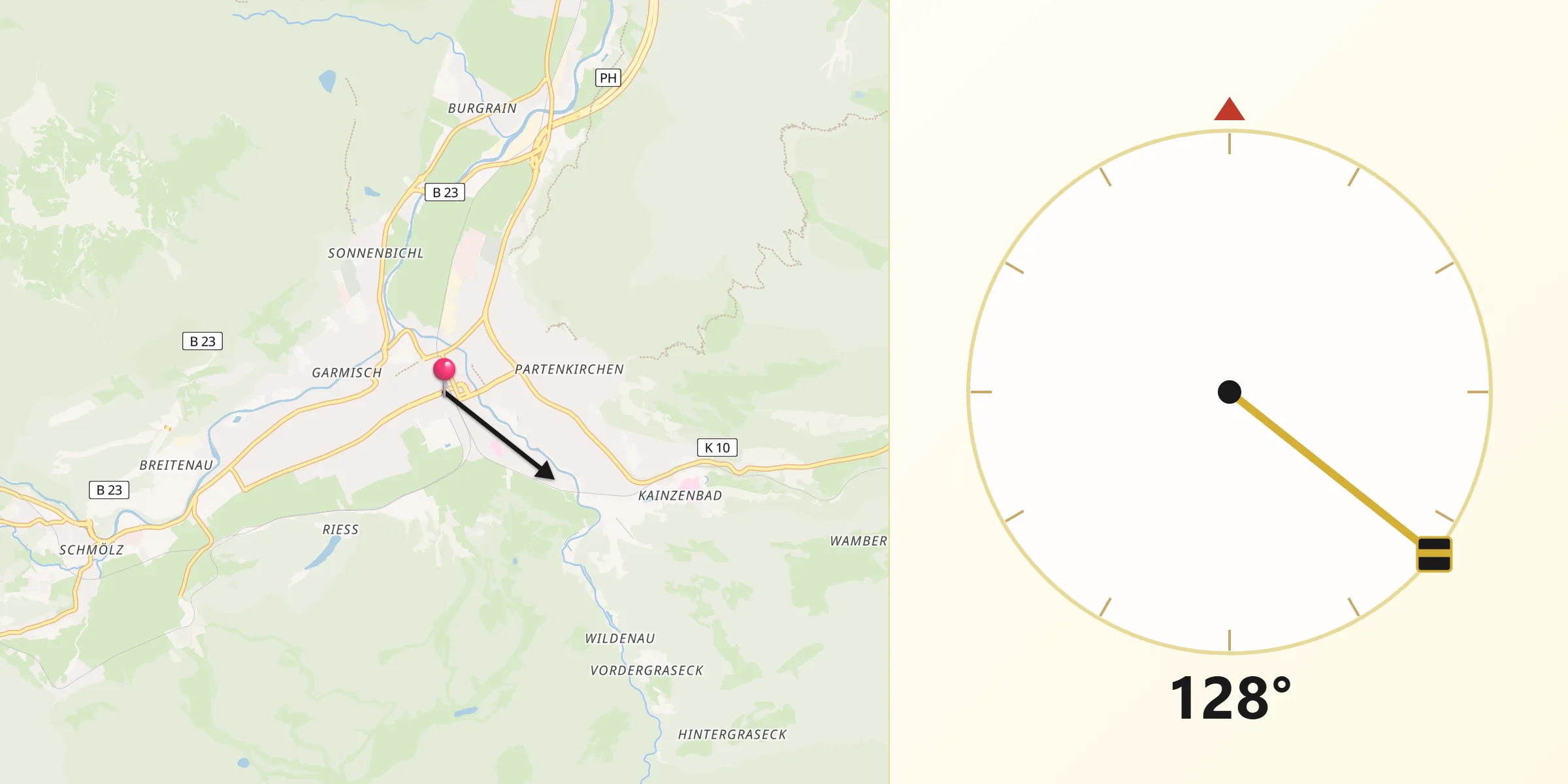 Qibla-Richtung von Garmisch-Partenkirchen