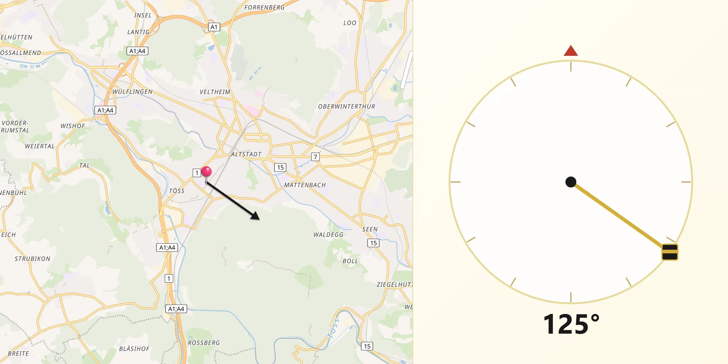 Qibla-Richtung von Stadt Winterthur (Kreis 1) / Tössfeld