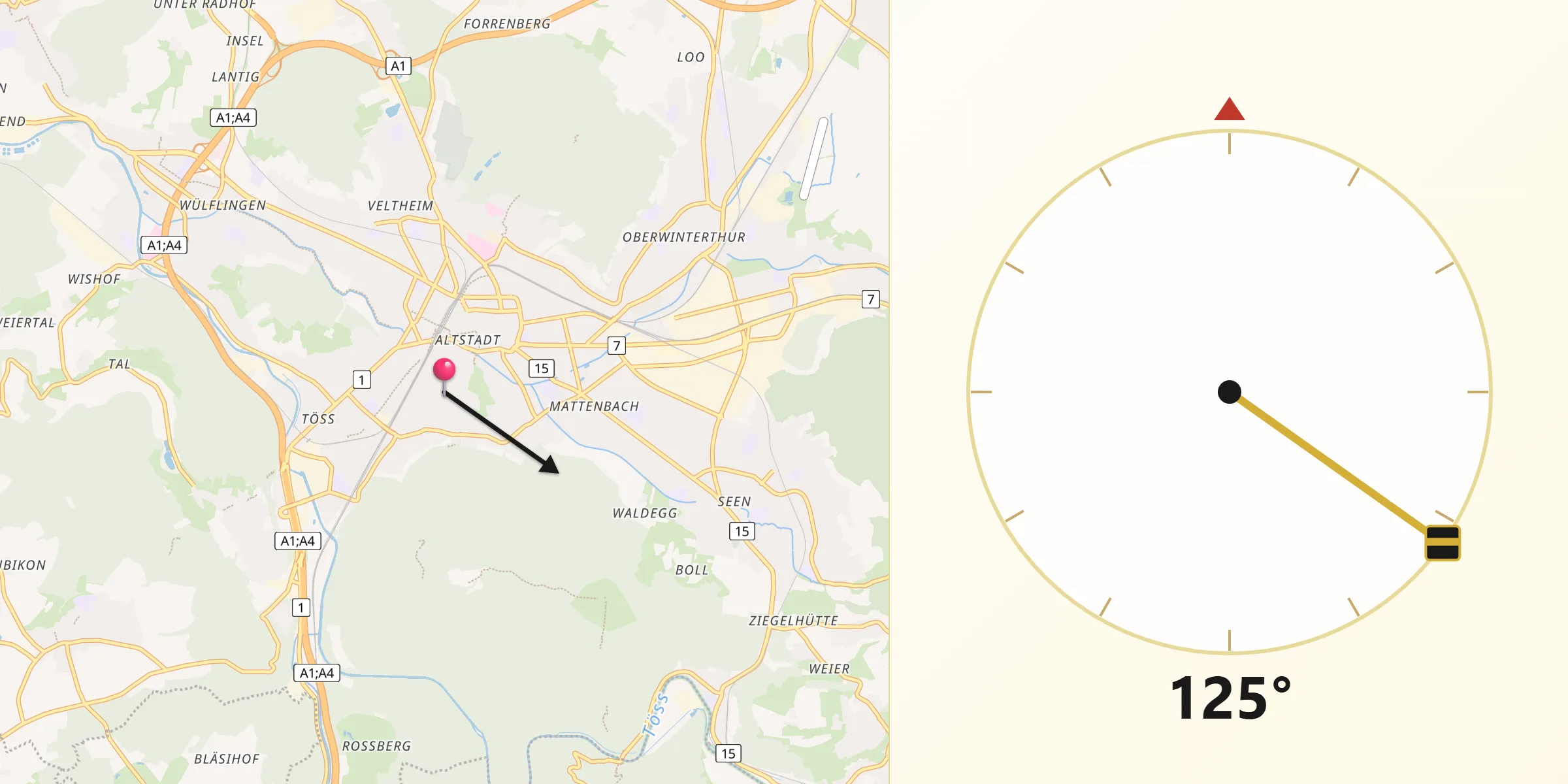 Qibla-Richtung von Stadt Winterthur (Kreis 1) / Heiligberg