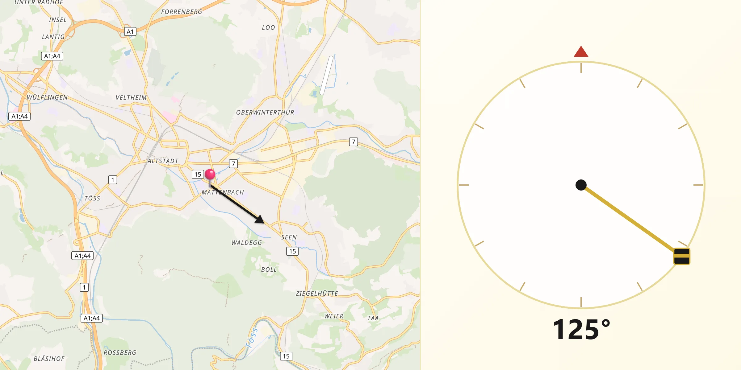 Direzione della Qibla da Mattenbach (Kreis 7) / Deutweg