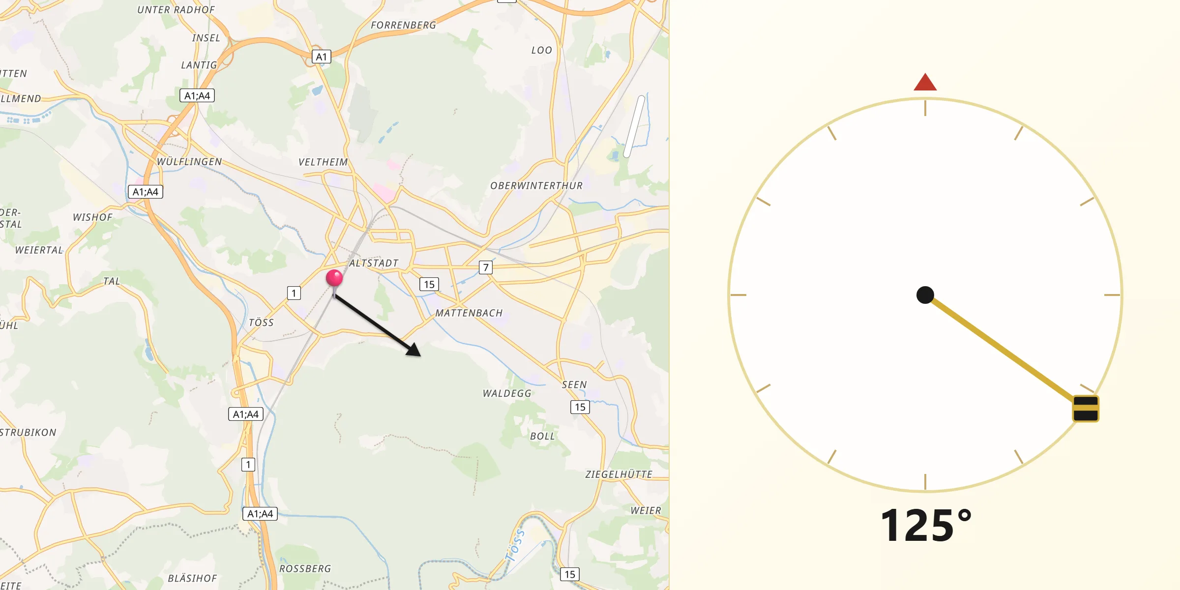Qibla-Richtung von Stadt Winterthur (Kreis 1)