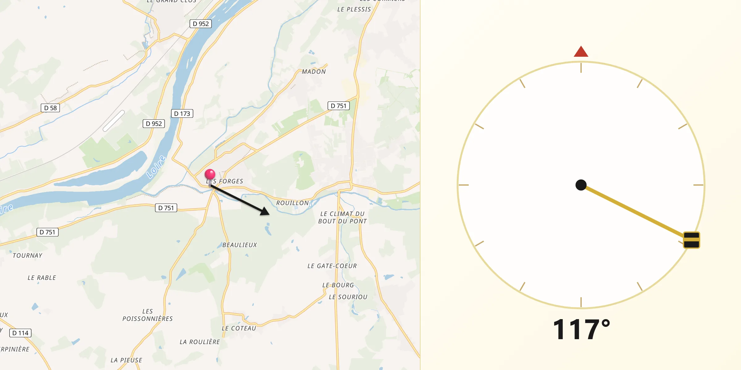 Direction vers la Qibla depuis Candé-sur-Beuvron