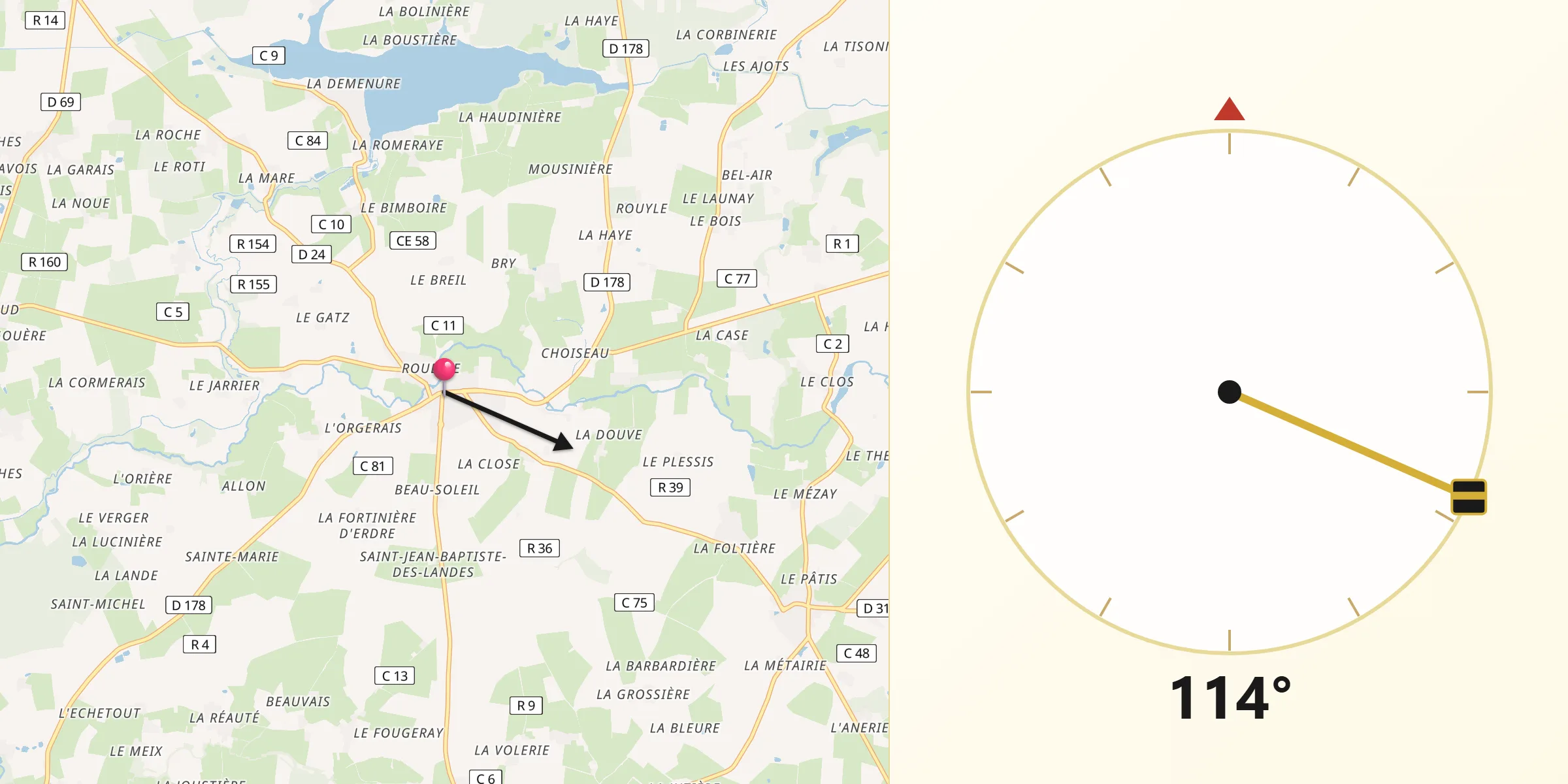 Direction vers la Qibla depuis Bourg de Joué-sur-Erdre