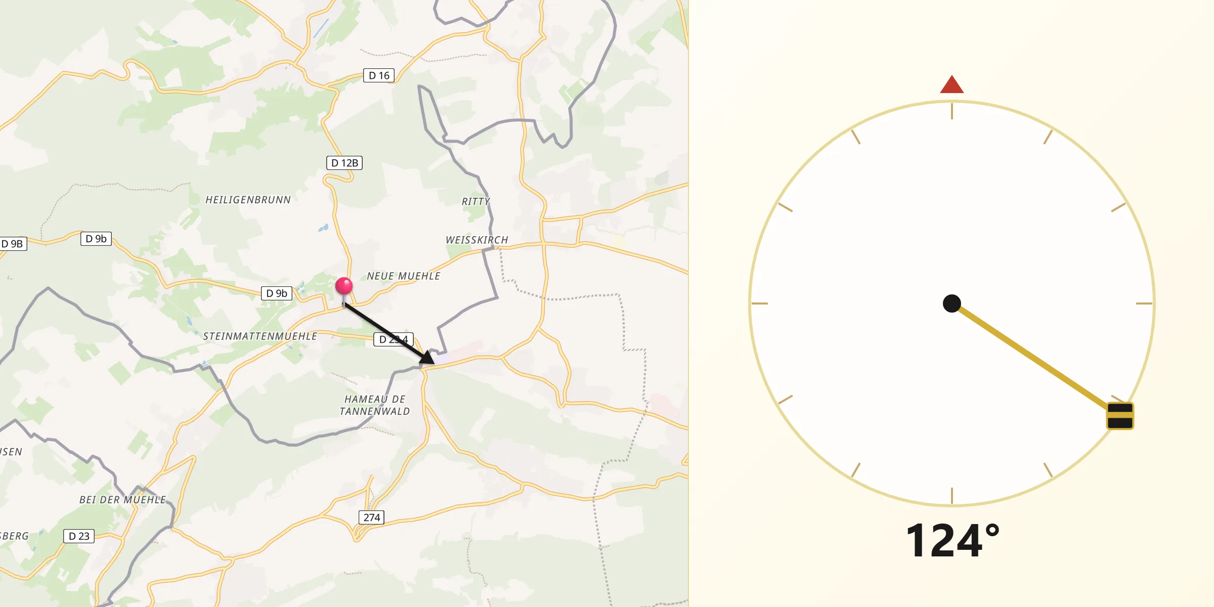 Direction vers la Qibla depuis Leymen