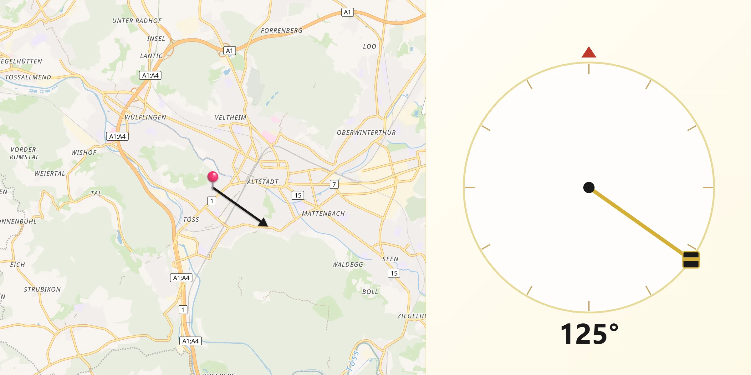 Qibla-Richtung von Stadt Winterthur (Kreis 1) / Brühlberg