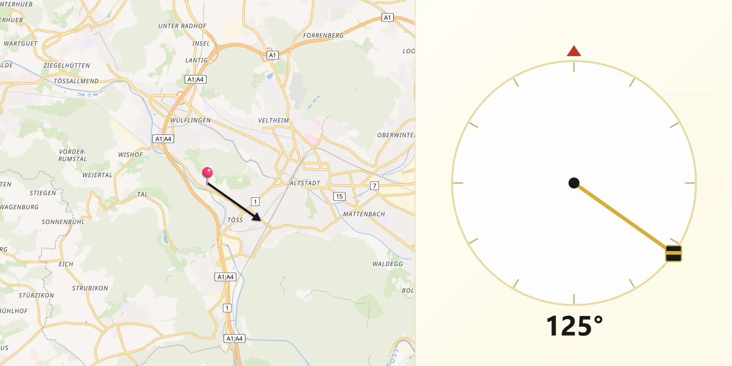 Qibla-Richtung von Wülflingen (Kreis 6) / Oberfeld