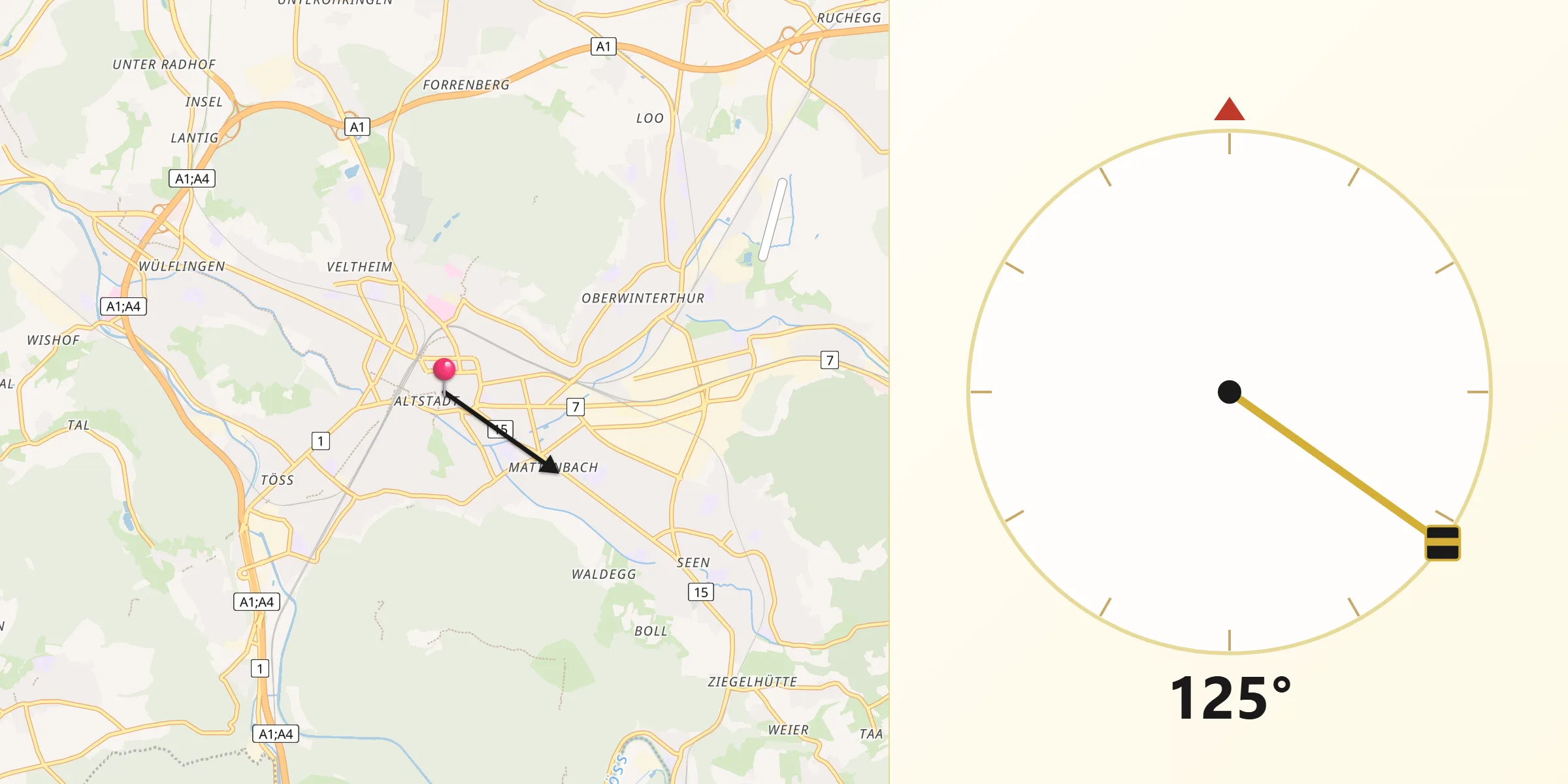 Qibla-Richtung von Stadt Winterthur (Kreis 1) / Altstadt