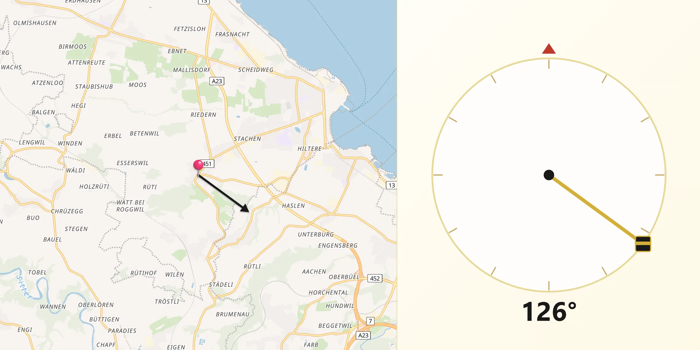Direction vers la Qibla depuis Roggwil