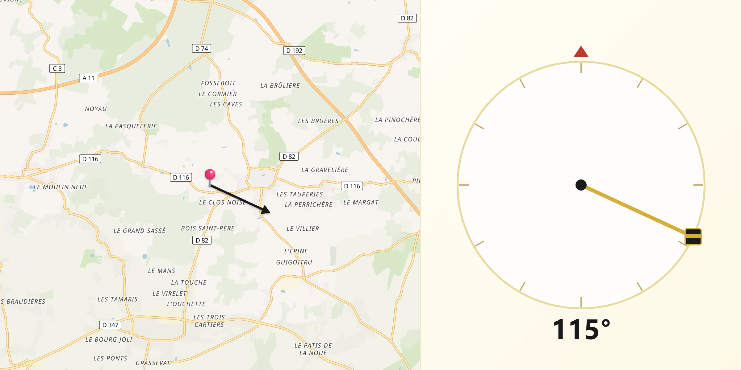 Direction vers la Qibla depuis Département de Maine-et-Loire