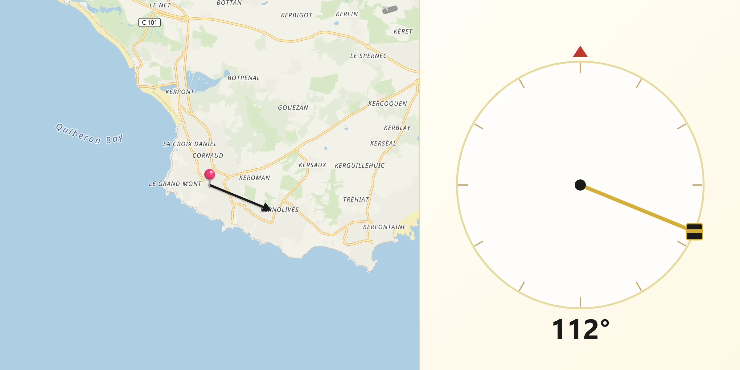 Direction vers la Qibla depuis Saint-Gildas-de-Rhuys