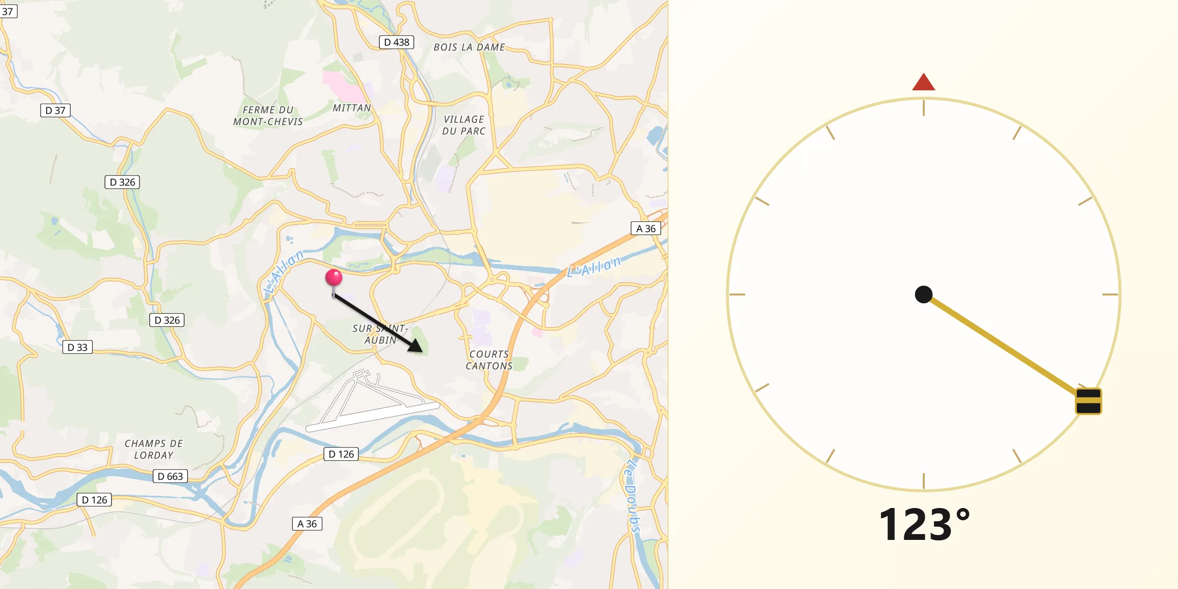 Direction vers la Qibla depuis Courcelles-lès-Montbéliard