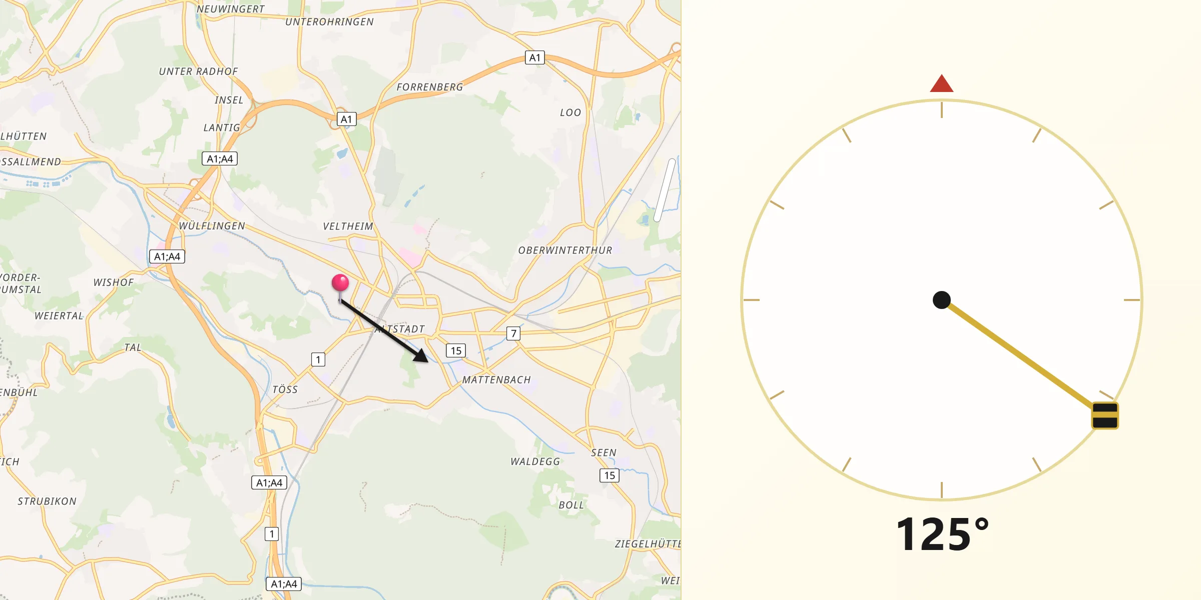 Qibla-Richtung von Stadt Winterthur (Kreis 1) / Neuwiesen