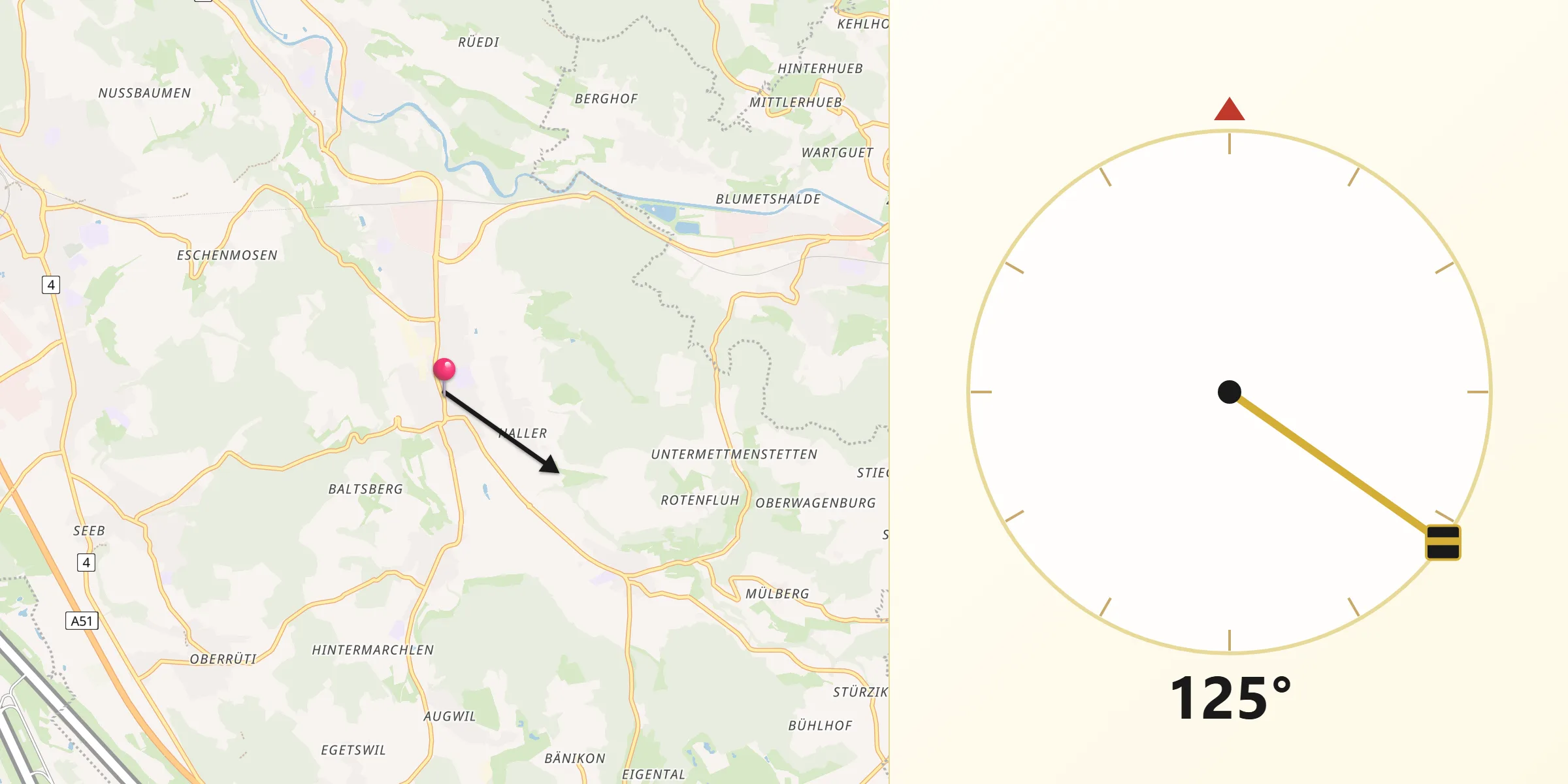Direzione della Qibla da Embrach / Embrach (Dorfkern)