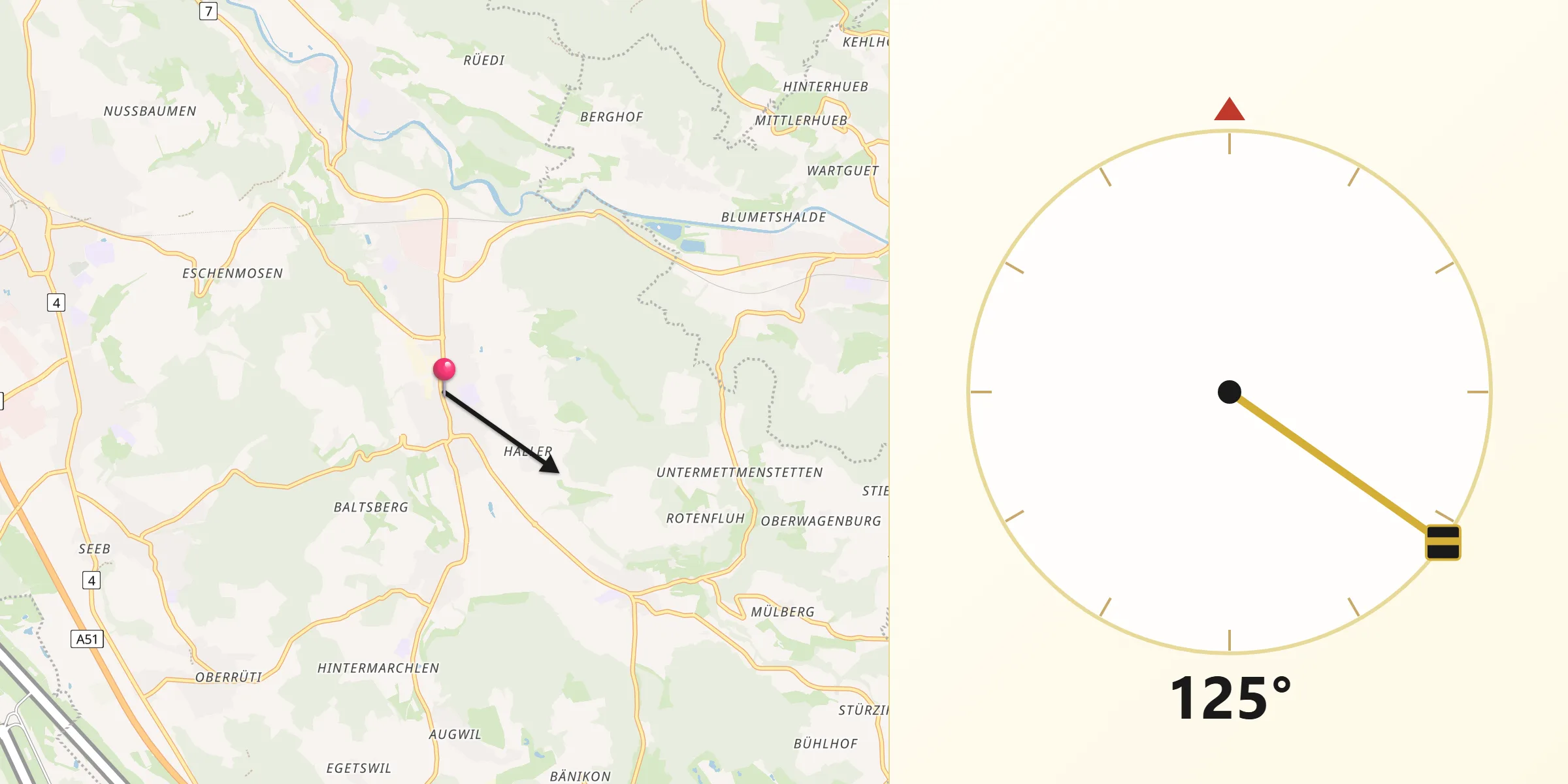 Direction vers la Qibla depuis Embrach