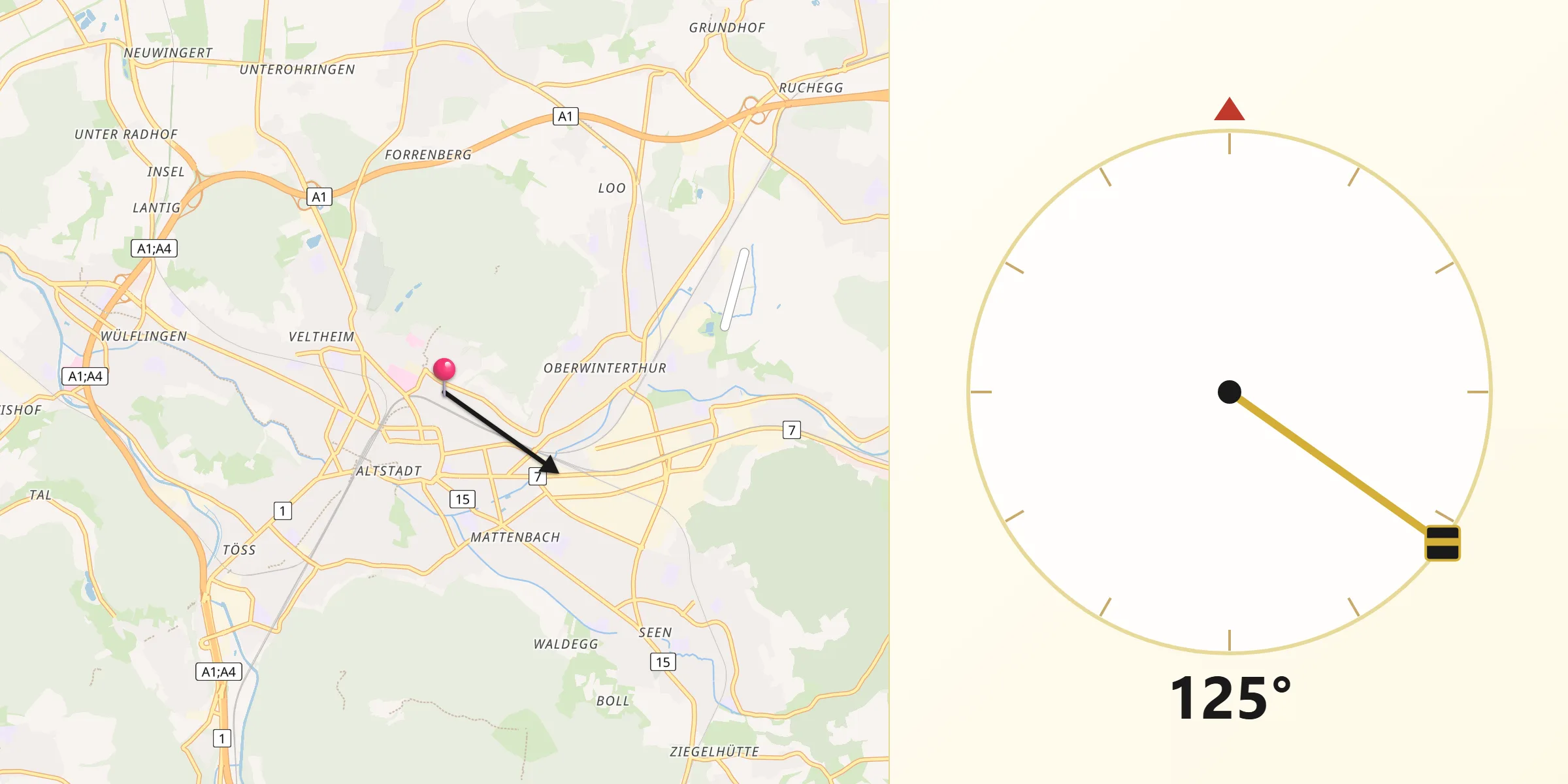 Qibla-Richtung von Stadt Winterthur (Kreis 1) / Lind