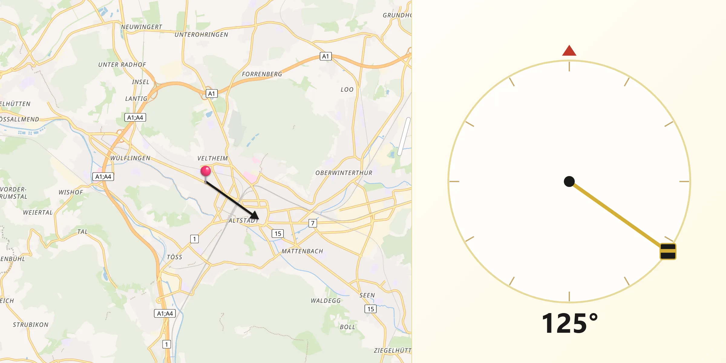 Qibla-Richtung von Veltheim (Kreis 5) / Blumenau