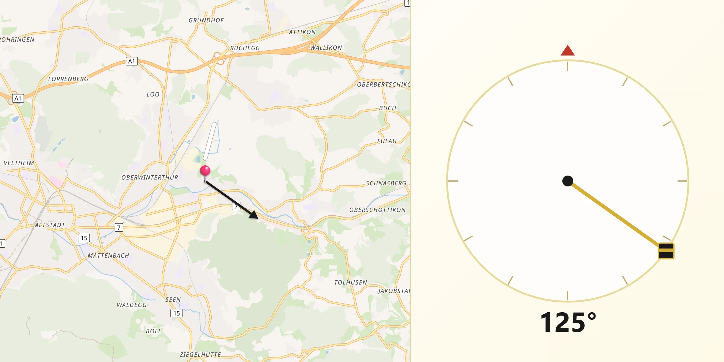 Qibla-Richtung von Oberwinterthur (Kreis 2) / Hegi
