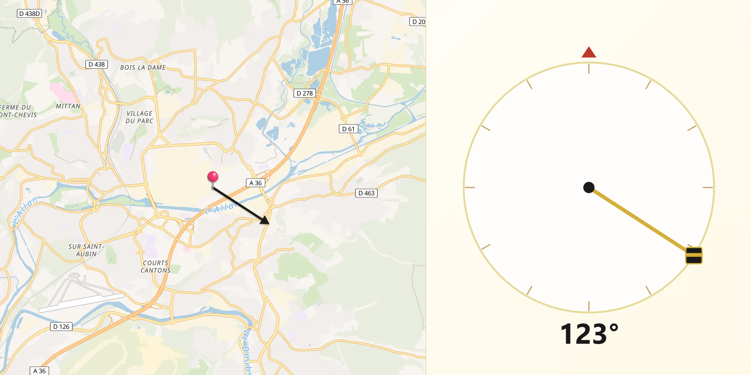 Direction vers la Qibla depuis Sochaux