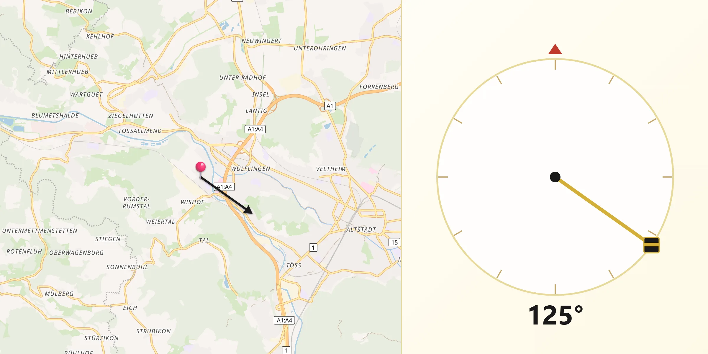Qibla-Richtung von Wülflingen (Kreis 6) / Niederfeld