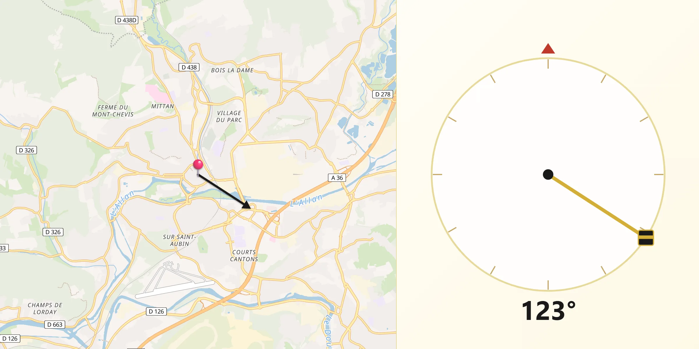 Direction vers la Qibla depuis Montbéliard
