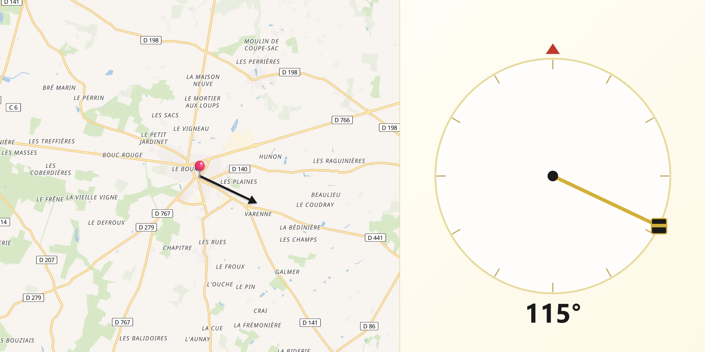 Direction vers la Qibla depuis Noyant