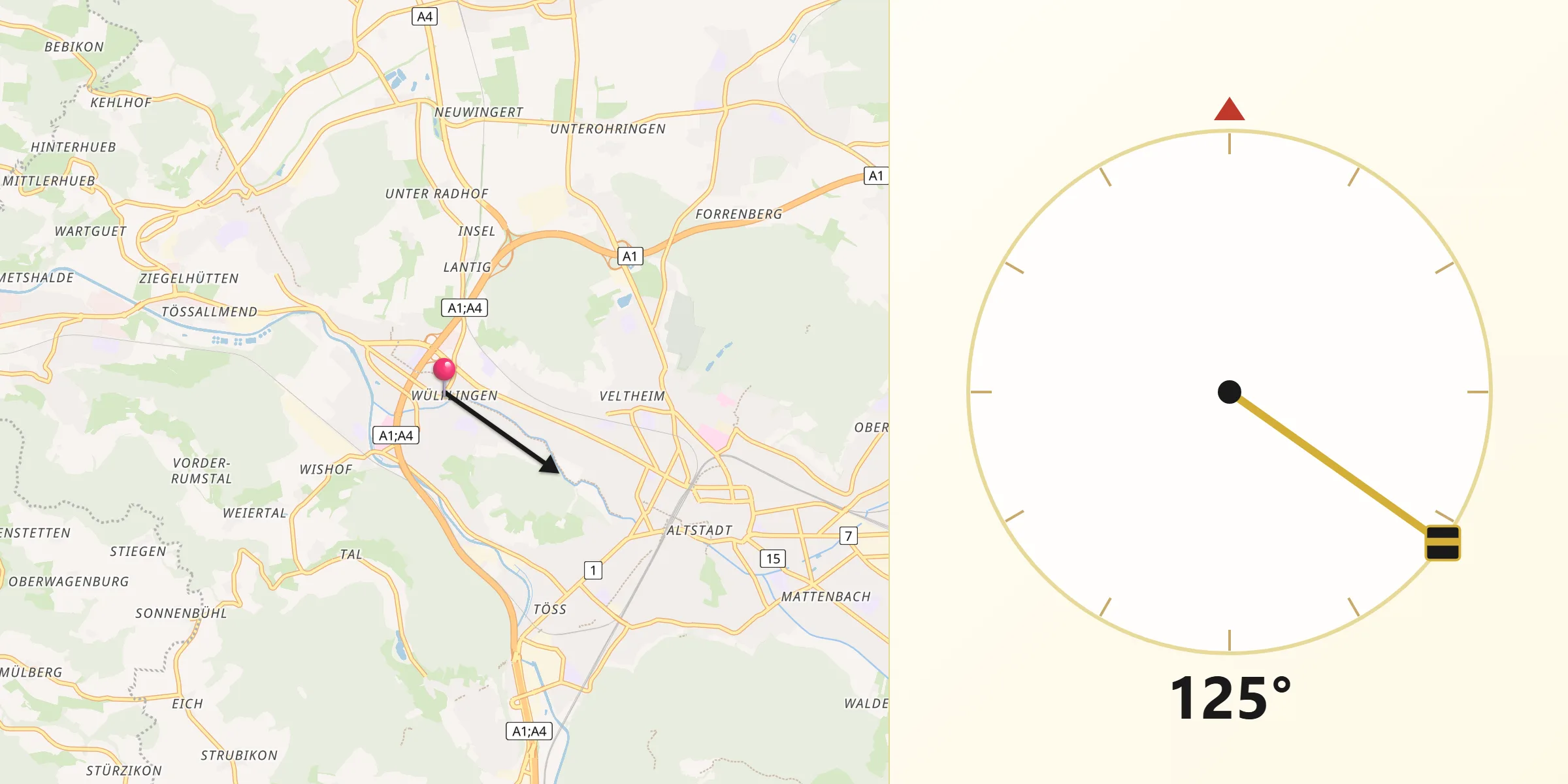 Qibla-Richtung von Wülflingen (Kreis 6) / Lindenplatz