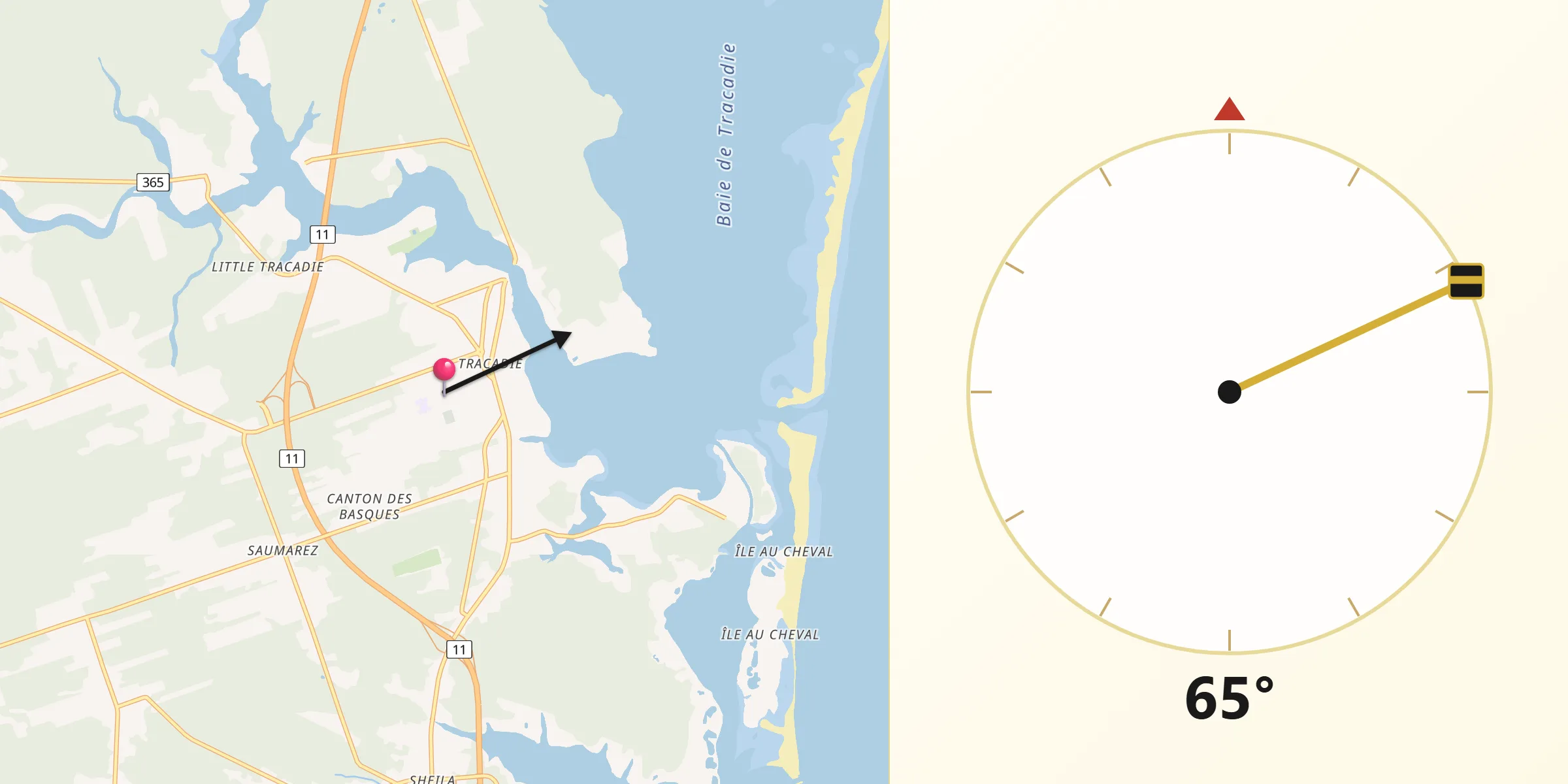 Qibla Direction from Tracadie-Sheila