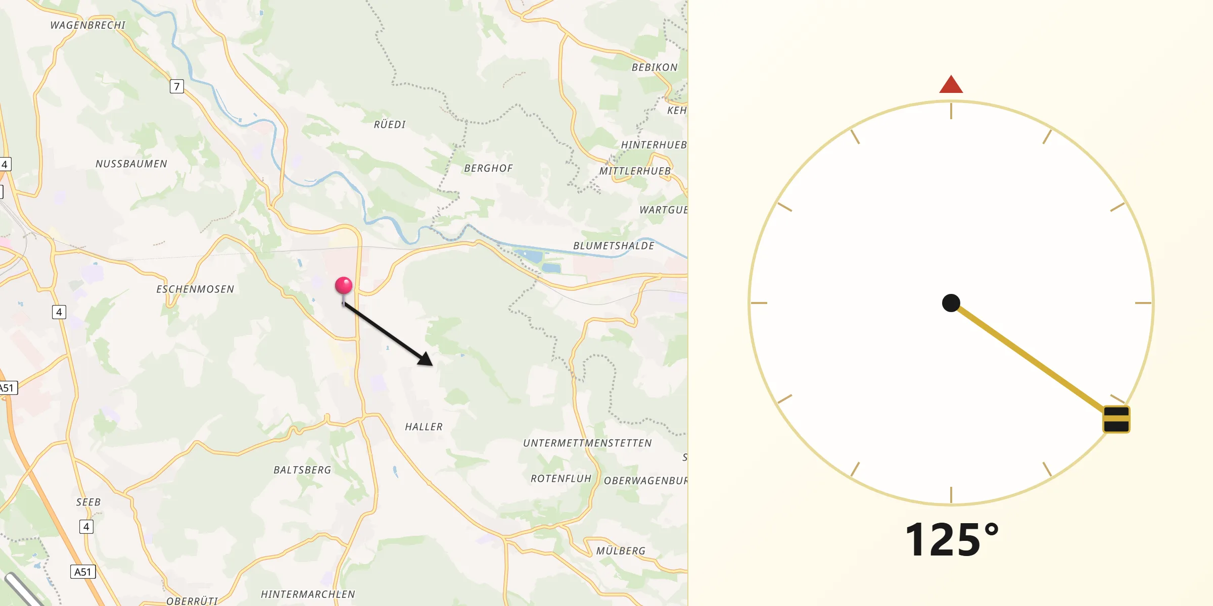 Direction vers la Qibla depuis Embrach / Kellersacker