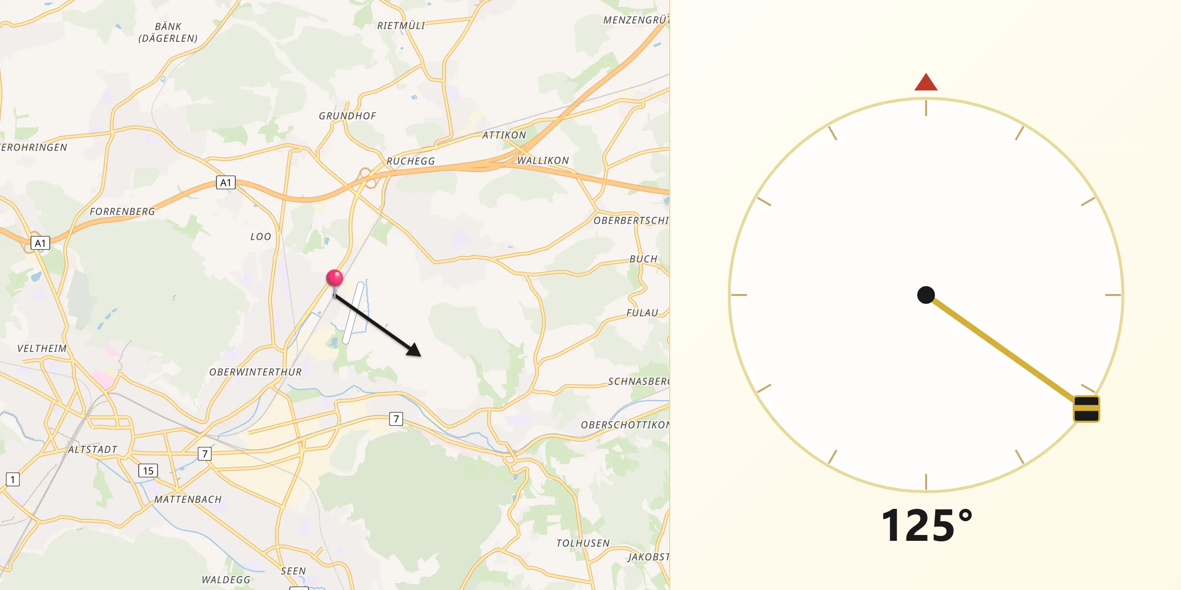 Qibla-Richtung von Oberwinterthur (Kreis 2)