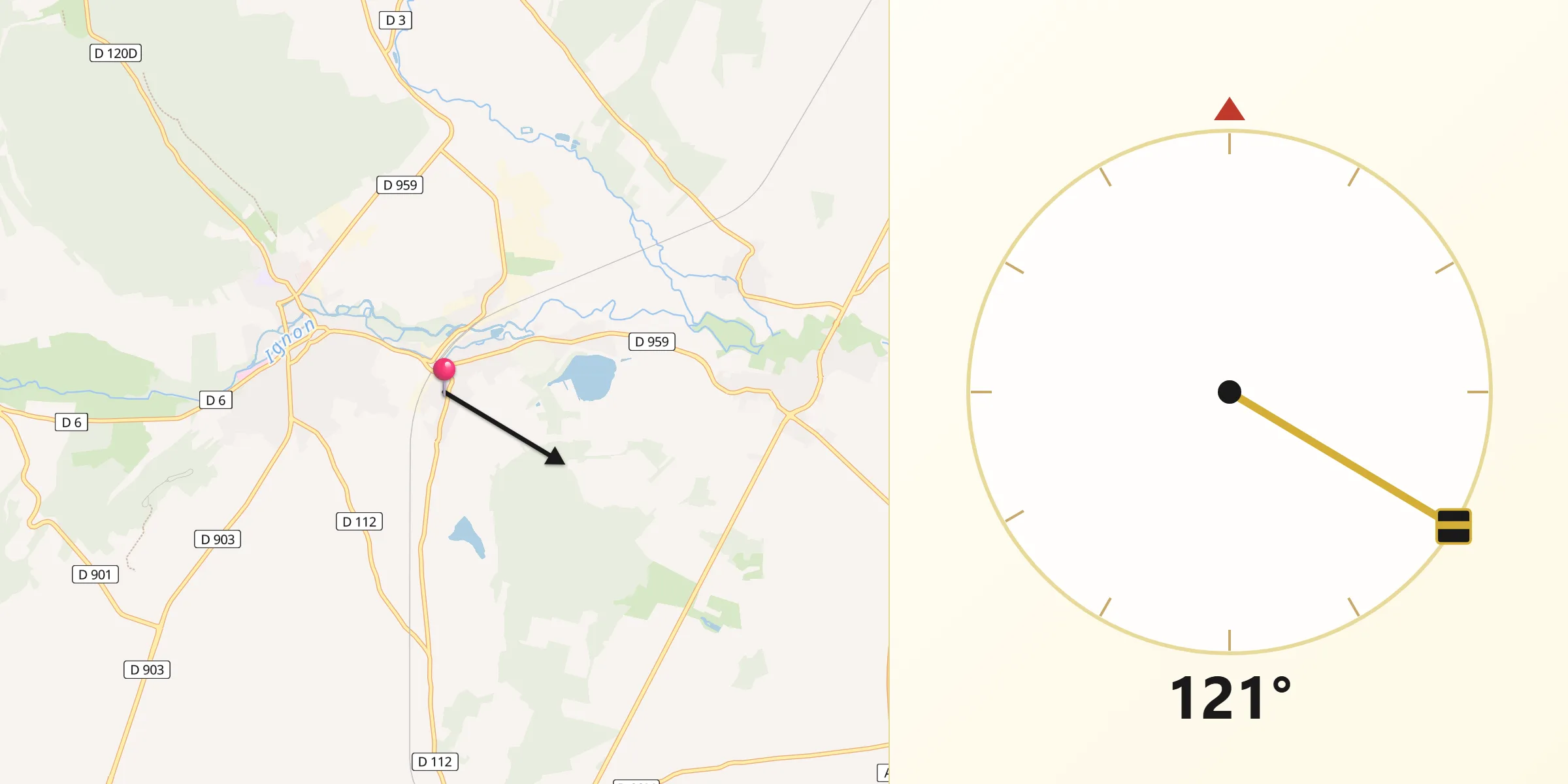 Direction vers la Qibla depuis Marcilly-sur-Tille