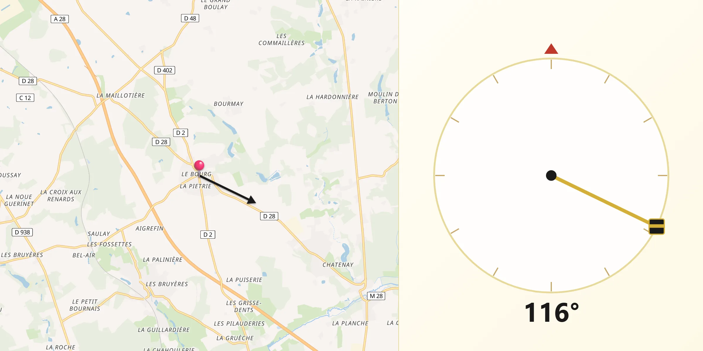Direction vers la Qibla depuis Rouziers-de-Touraine
