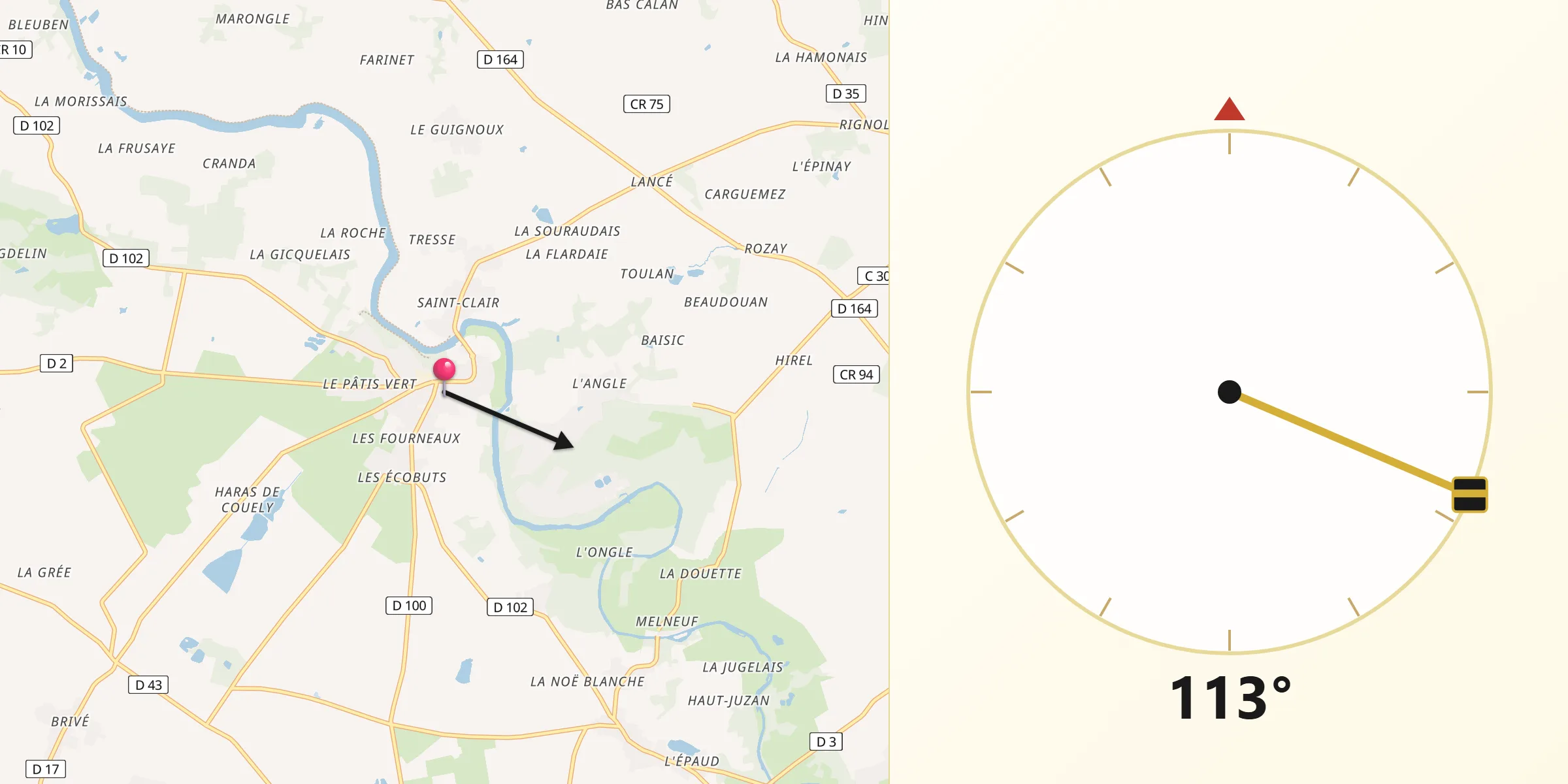 Direction vers la Qibla depuis Guenrouet