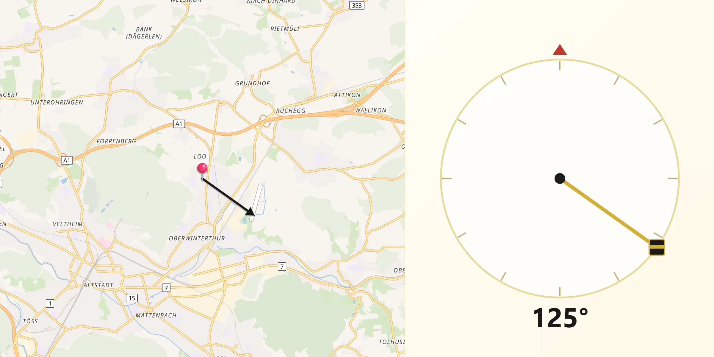 Qibla-Richtung von Oberwinterthur (Kreis 2) / Zinzikon