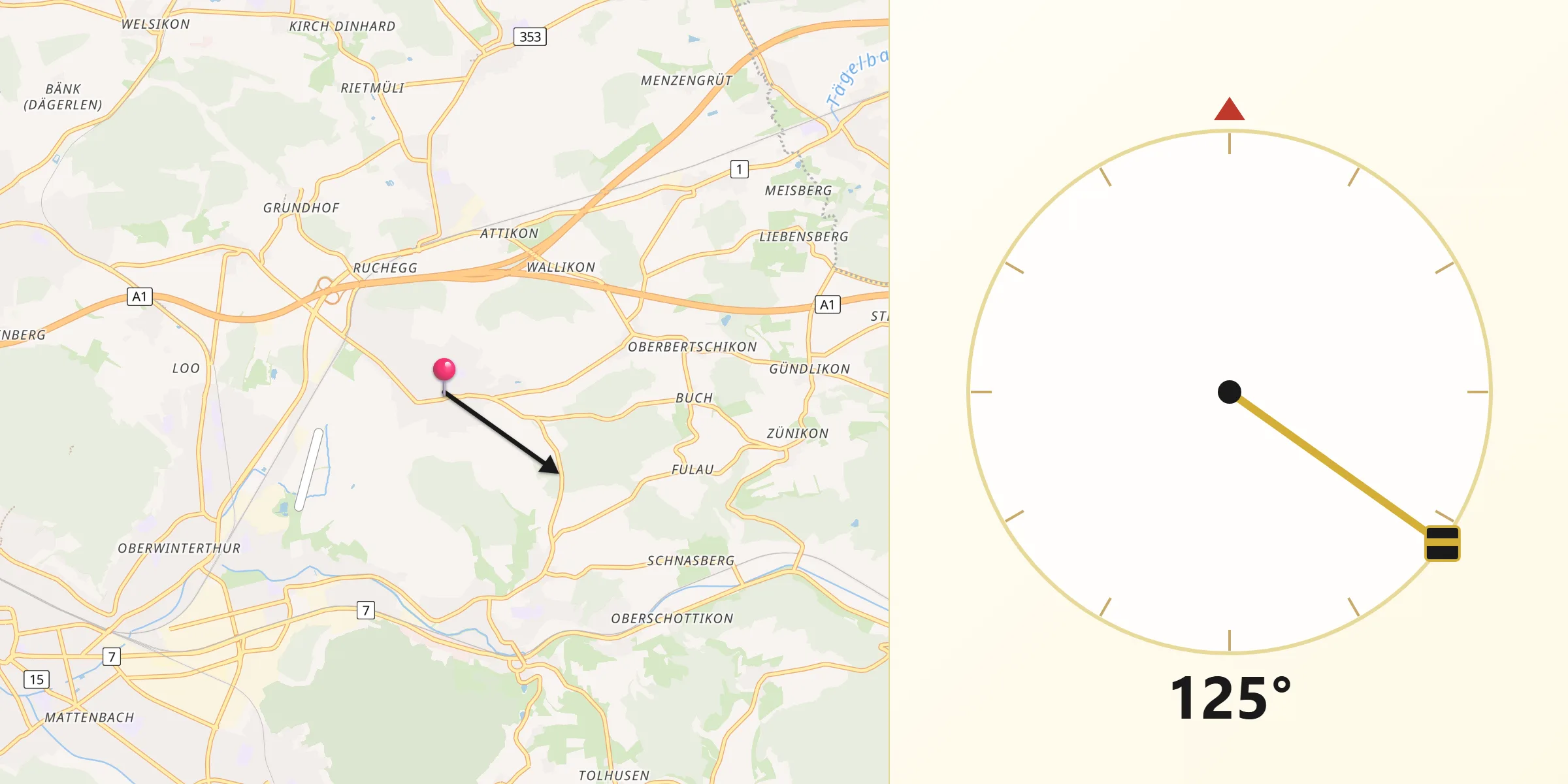 Qibla-Richtung von Wiesendangen / Wiesendangen (Dorf)