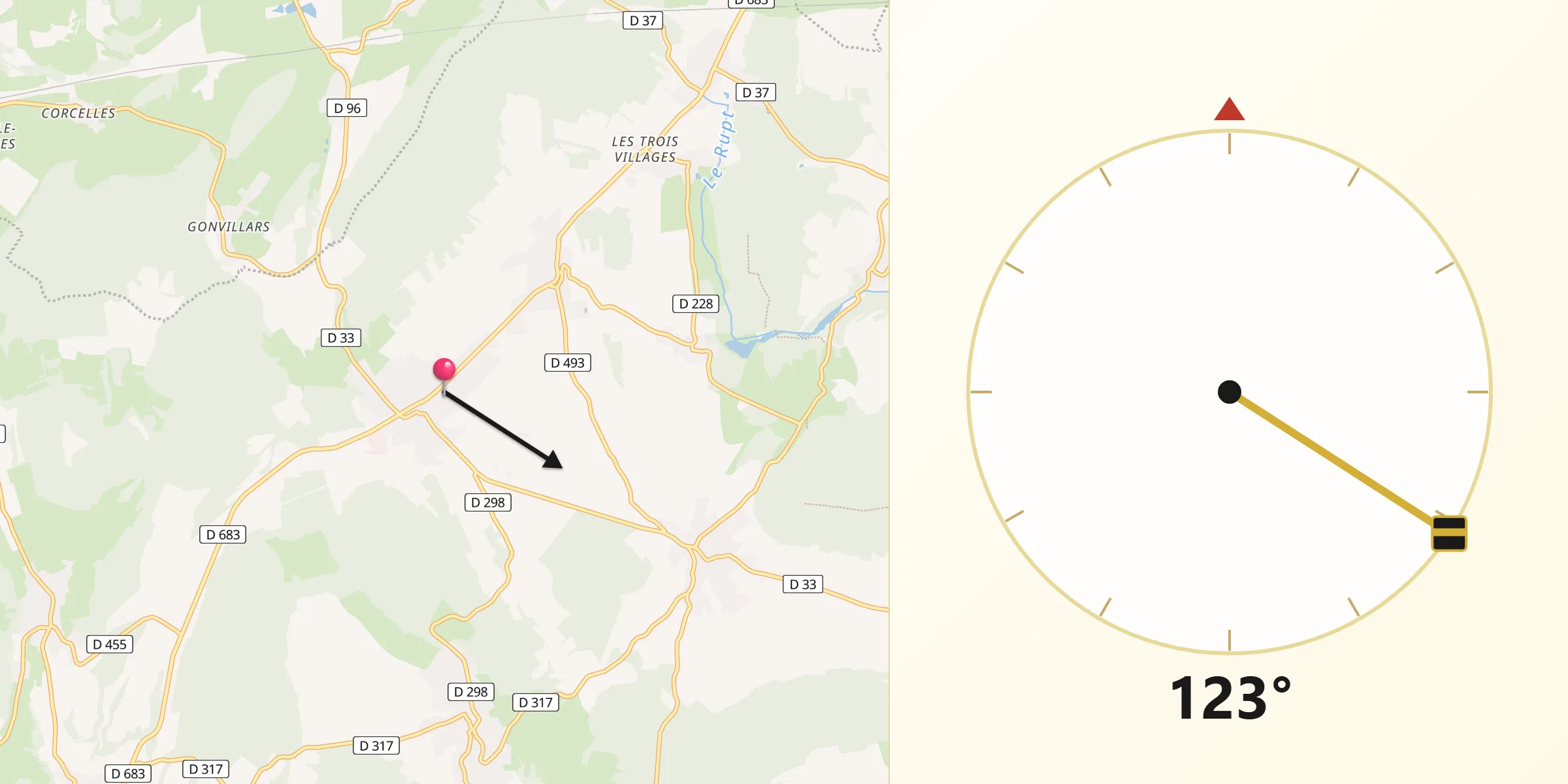 Direction vers la Qibla depuis Arcey