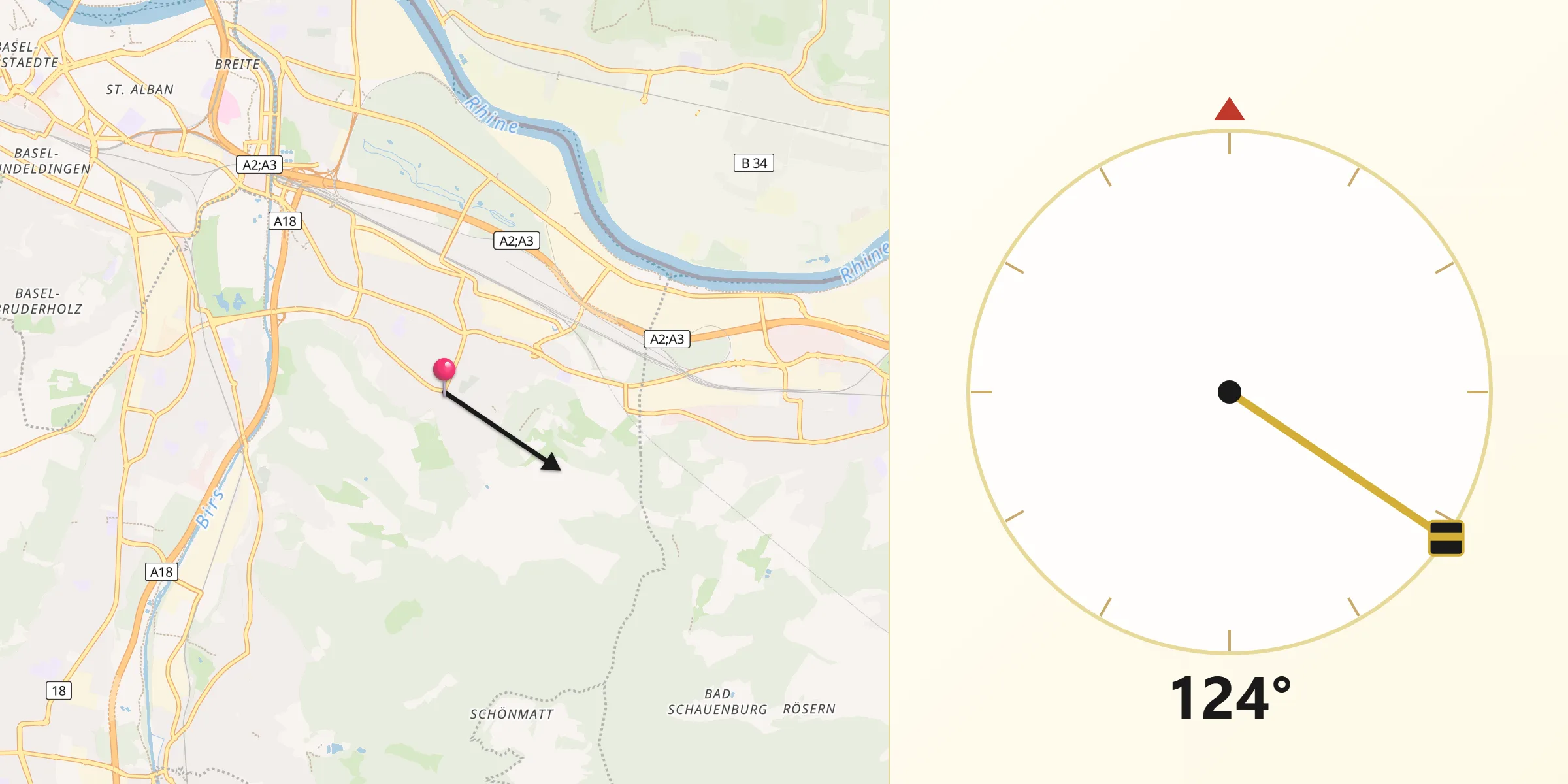 Direction vers la Qibla depuis Muttenz