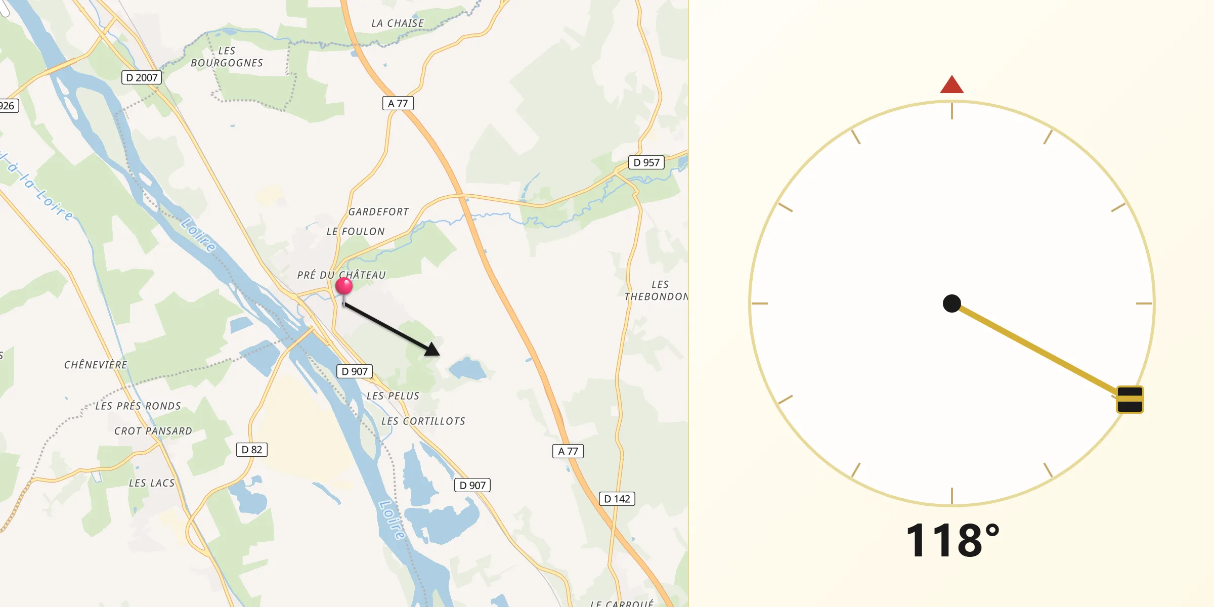 Direction vers la Qibla depuis Neuvy-sur-Loire