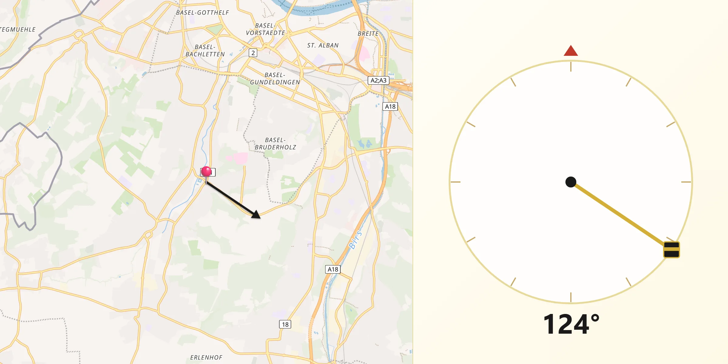 Direction vers la Qibla depuis Bottmingen