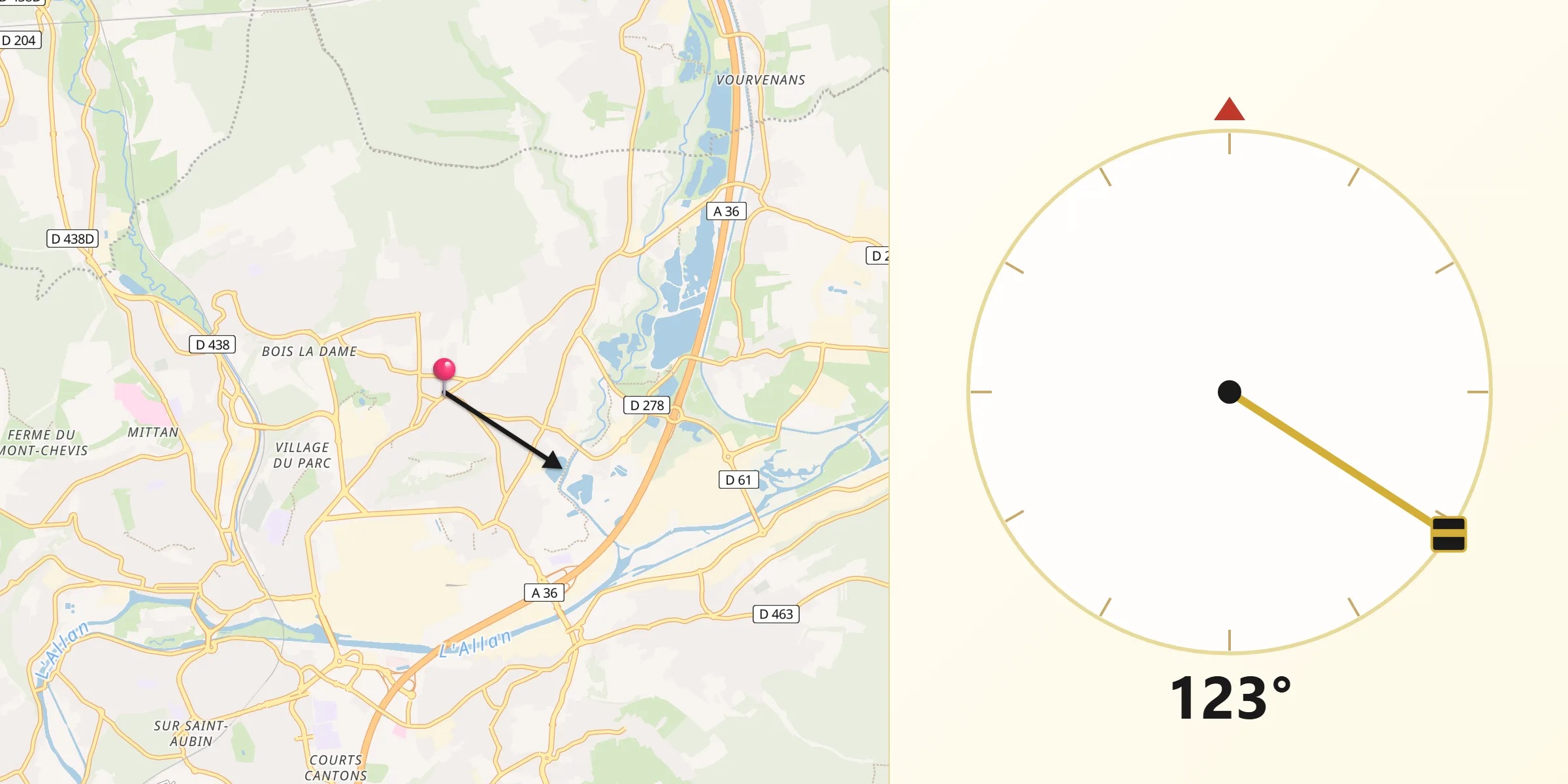 Direction vers la Qibla depuis Grand-Charmont