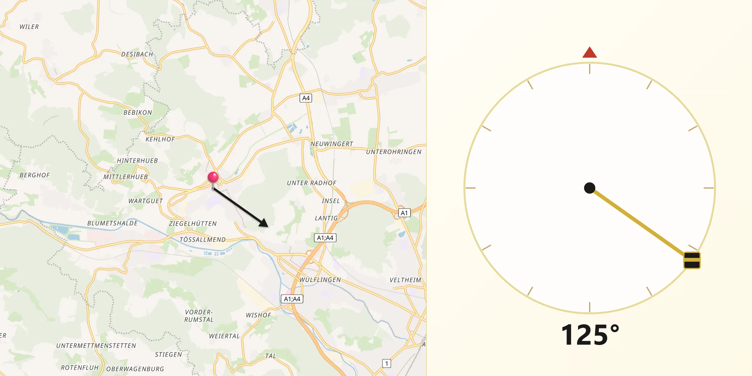 Direzione della Qibla da Neftenbach / Dorf Neftenbach
