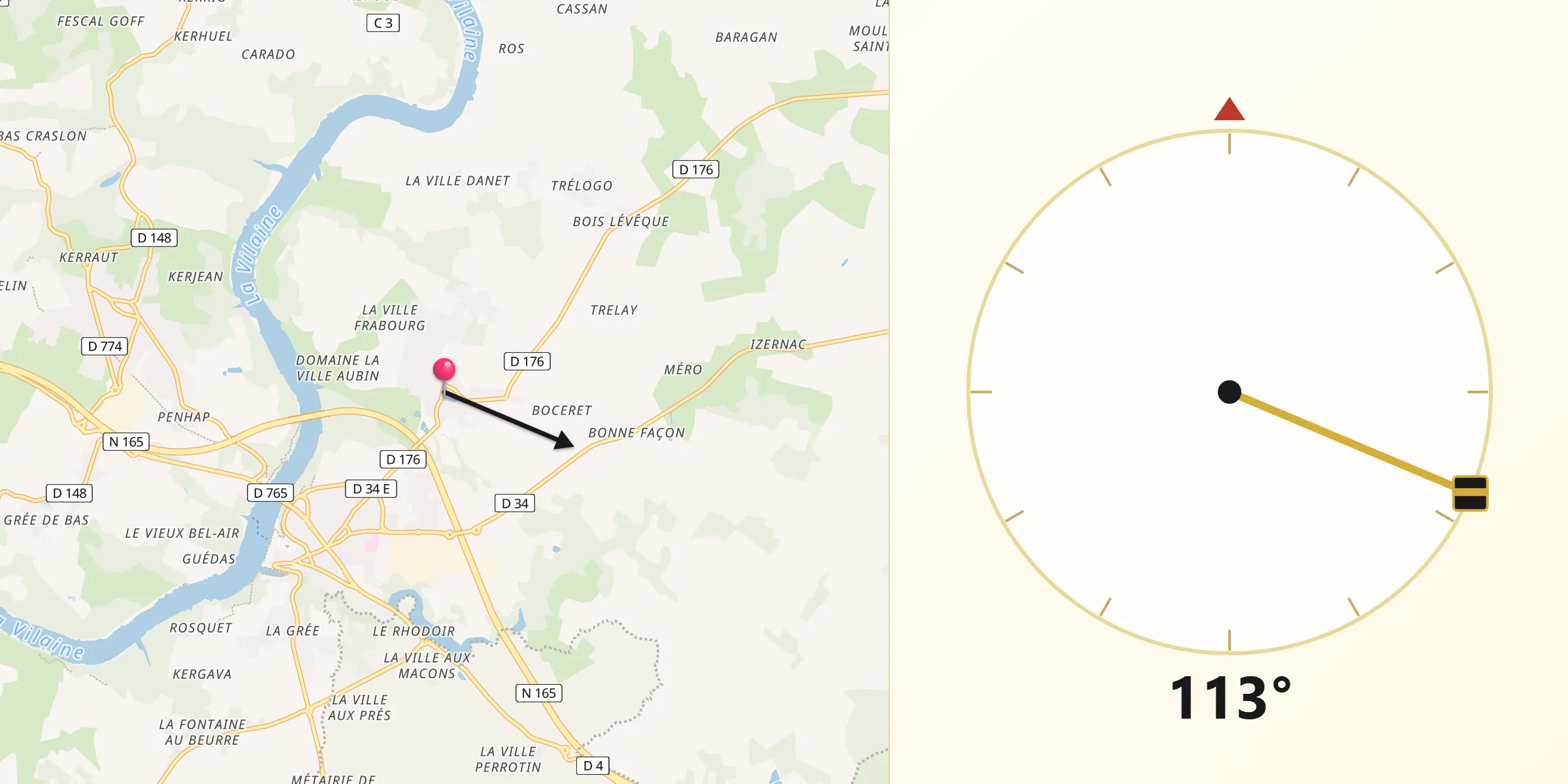 Direction vers la Qibla depuis Nivillac