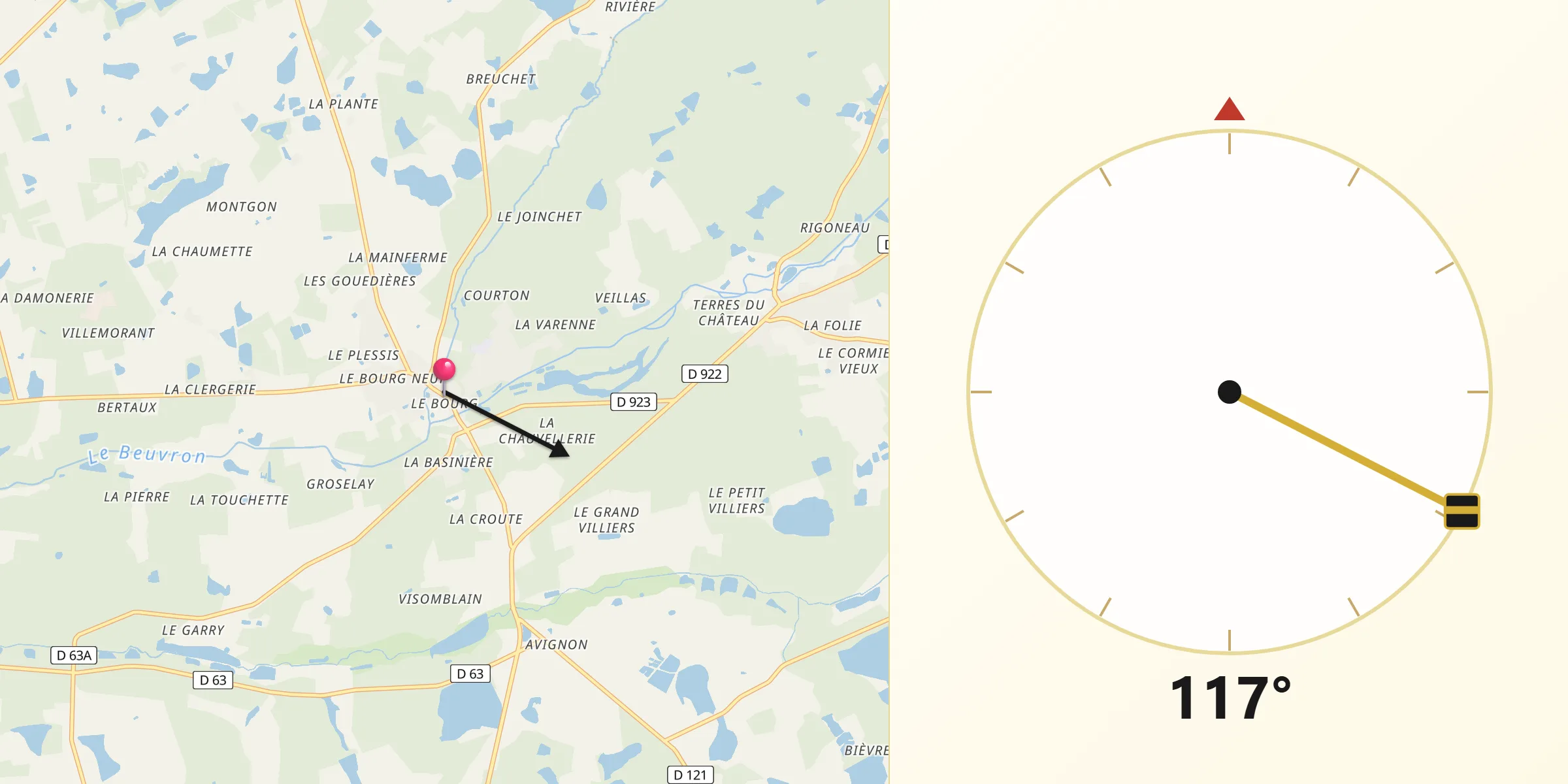 Direction vers la Qibla depuis Neung-sur-Beuvron