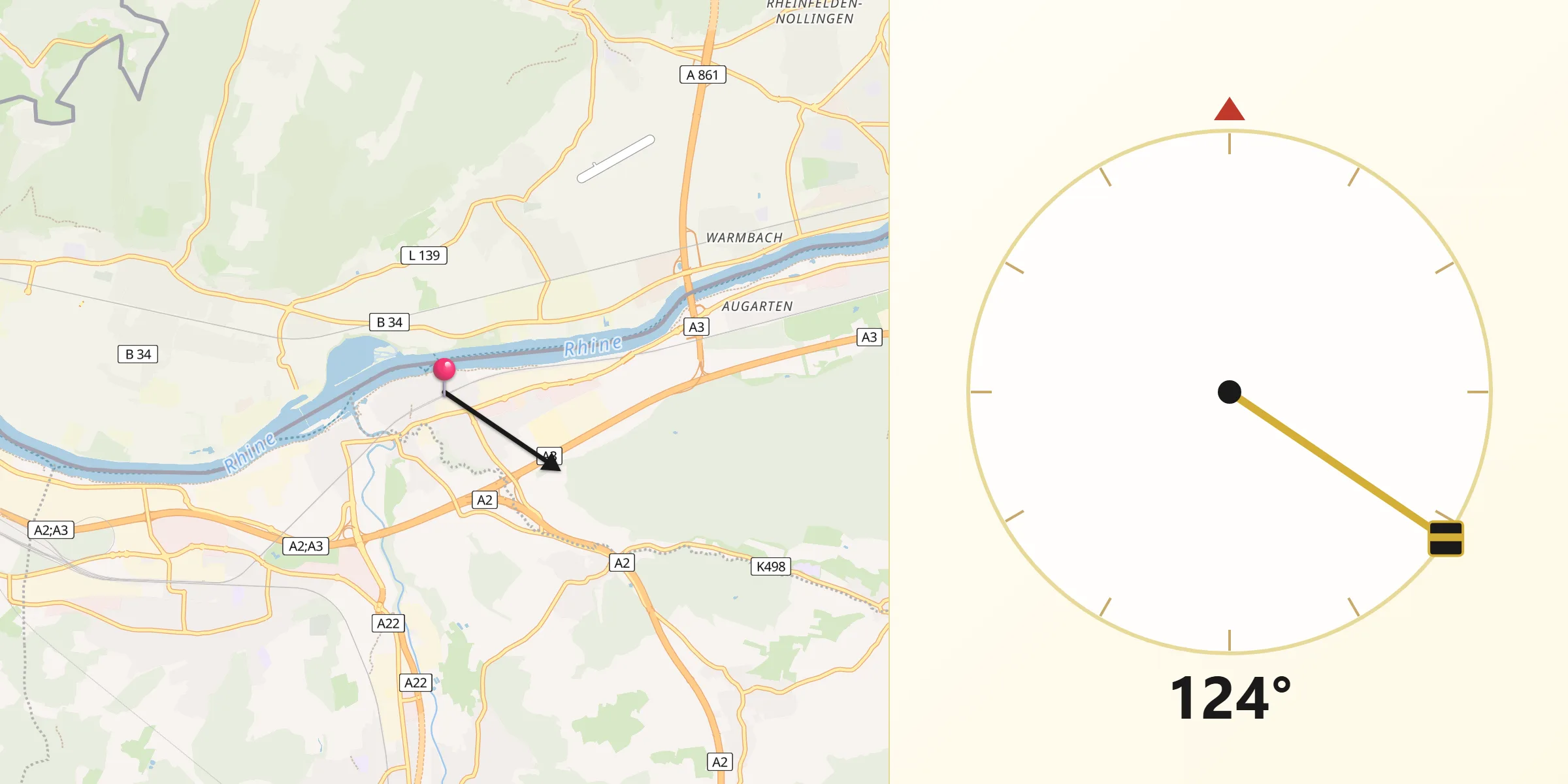 Direction vers la Qibla depuis Kaiseraugst