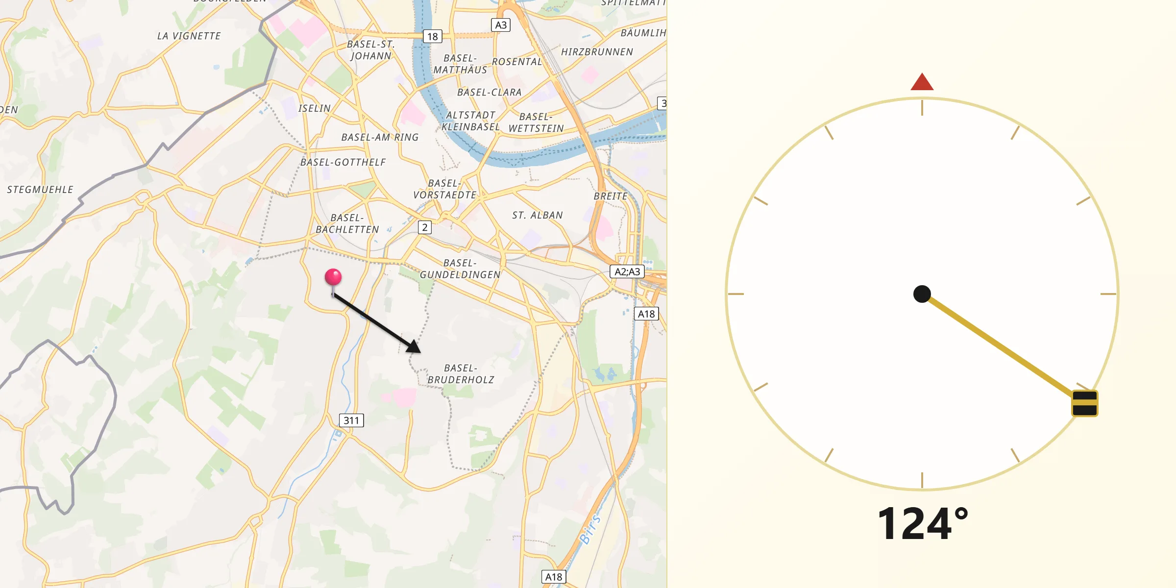 Direction vers la Qibla depuis Binningen