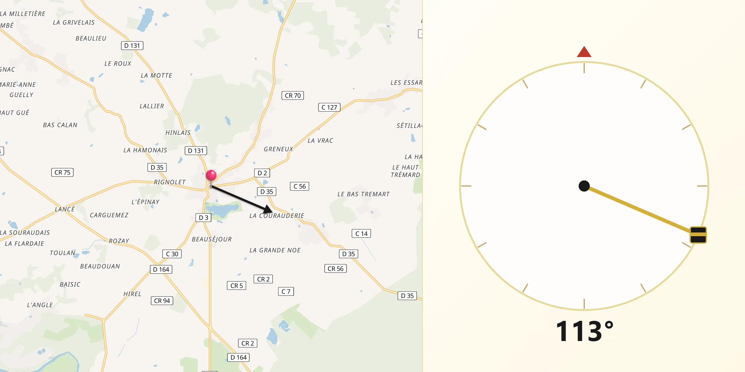 Direction vers la Qibla depuis Plessé