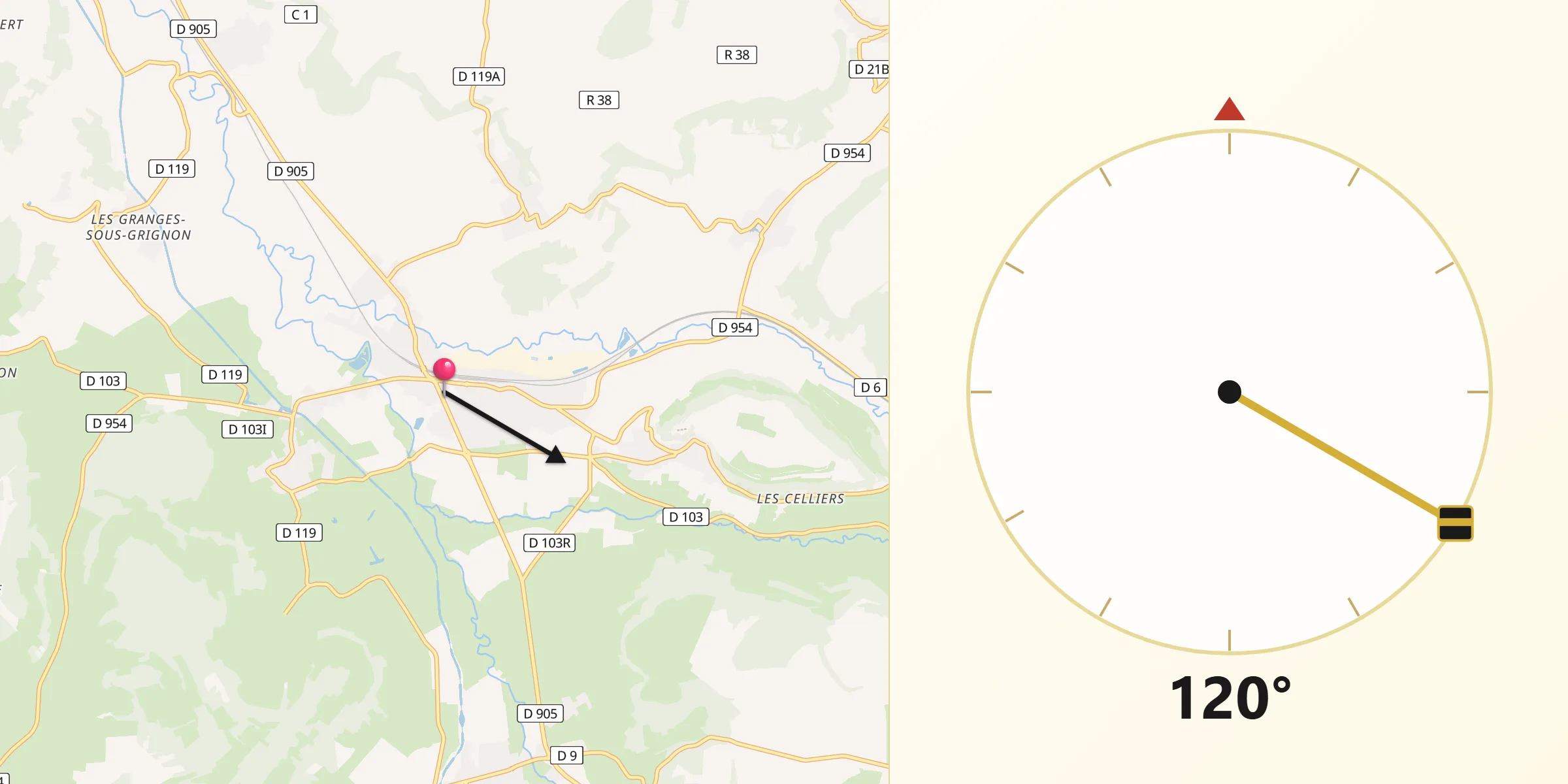Direction vers la Qibla depuis Venarey-les-Laumes