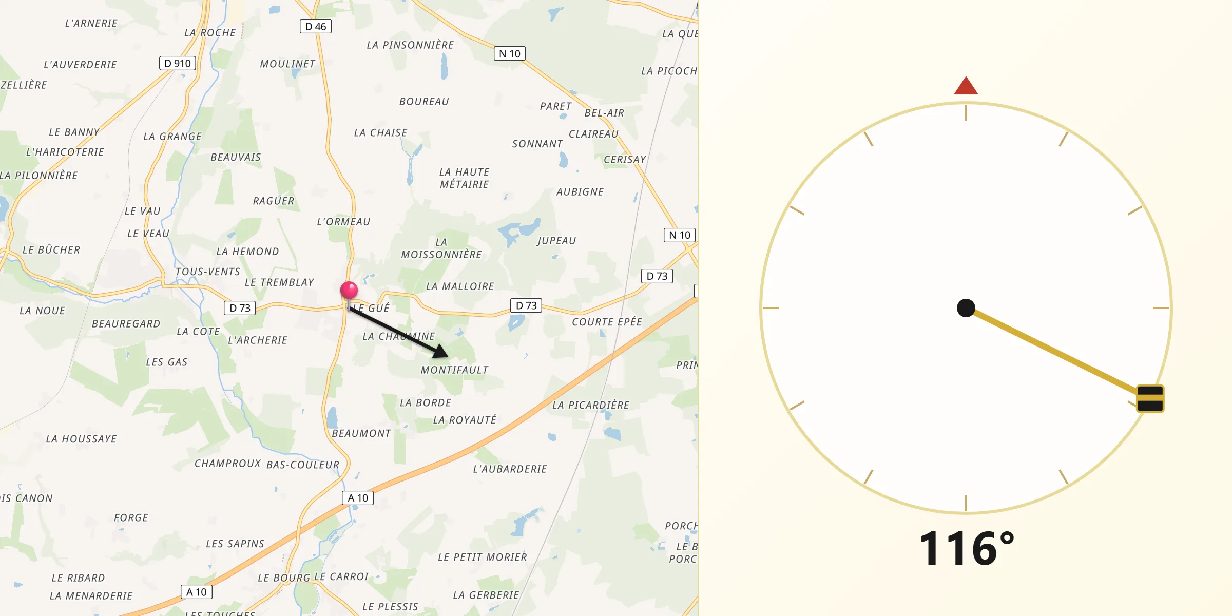 Direction vers la Qibla depuis Auzouer-en-Touraine